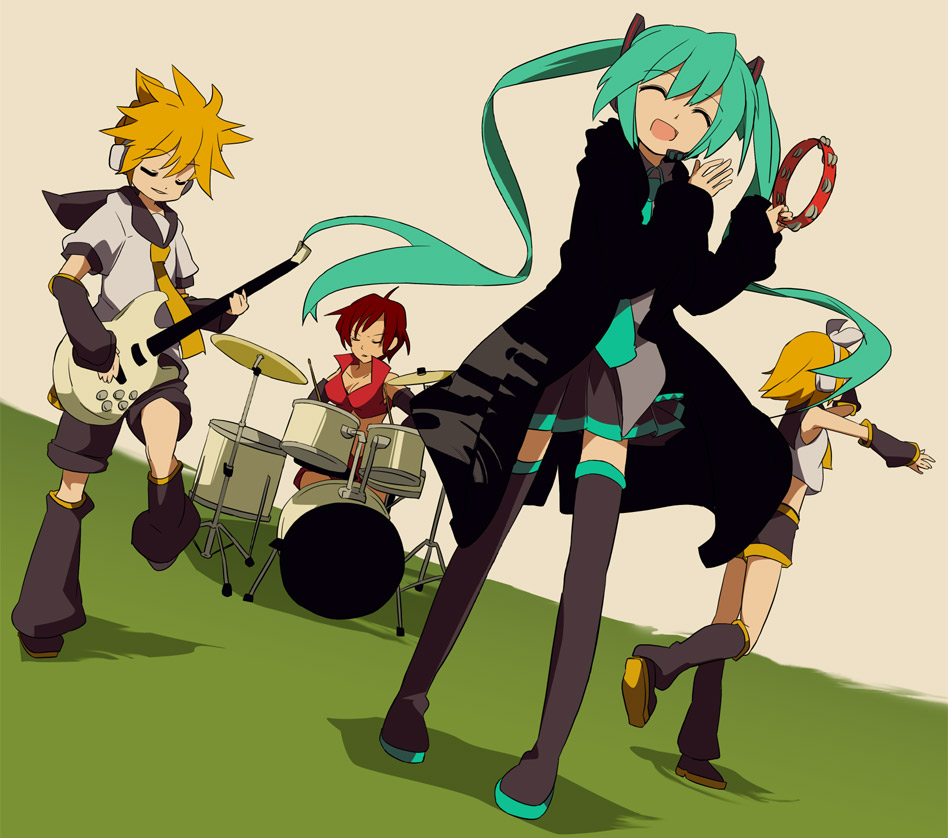 ixy, hatsune miku, kagamine len, kagamine rin, meiko (vocaloid), vocaloid, 00s, 1boy, 3girls, aqua hair, brother and sister, drum, drum set, electric guitar, guitar, instrument, multiple girls, shadow, siblings, standing, tambourine, thighhighs, twins, twintails