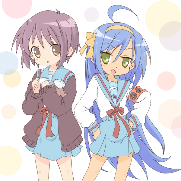 core (mayomayo), clerk nagato, hirano aya, izumi konata, nagato yuki, suzumiya haruhi, lucky star, suzumiya haruhi no yuuutsu, bad id, bad pixiv id, 2girls, cosplay, crossover, mole, mole under eye, multiple girls, nagato yuki (cosplay), suzumiya haruhi (cosplay), voice actor connection