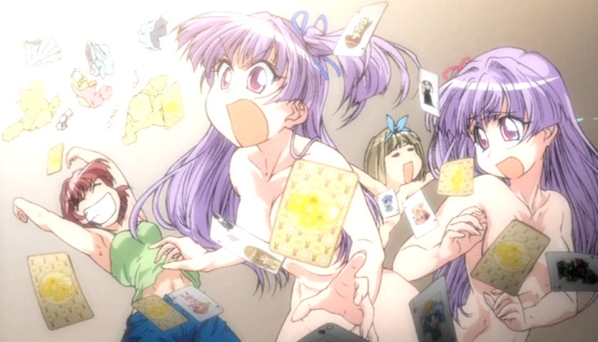 igarashi miyuki, kashiwagi yuuma, kashiwagi yuuna, kurusu yuzuko, pani poni dash!, non-web source, 00s, 4girls, :d, :o, ^ ^, armpits, arms up, bare shoulders, black hair, blunt bangs, closed eyes, collarbone, long hair, multiple girls, nude, open mouth, purple hair, smile, surprised, very long hair
