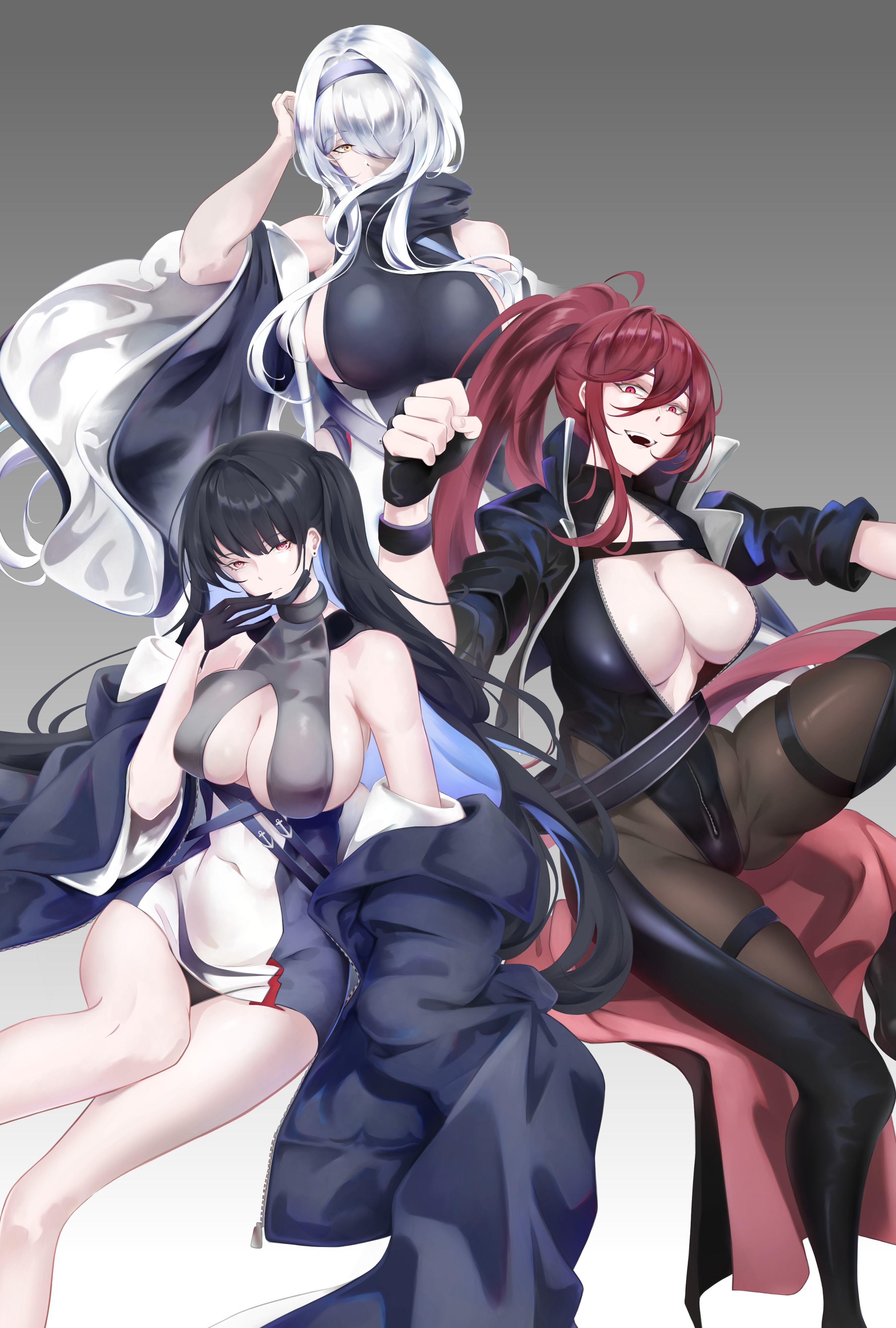 dddtriple, colorado (azur lane), maryland (azur lane), west virginia (azur lane), azur lane, absurdres, commentary, english commentary, highres, 3girls, black gloves, black hair, black leotard, breasts, center opening, cleavage, coat, feet out of frame, fingerless gloves, gloves, grey background, hair between eyes, half gloves, high ponytail, large breasts, leotard, long hair, long hair between eyes, long sleeves, looking at viewer, microskirt, multiple girls, open clothes, open coat, ponytail, red eyes, red hair, siblings, sideboob, simple background, sisters, skirt, thigh strap, very long hair, white hair