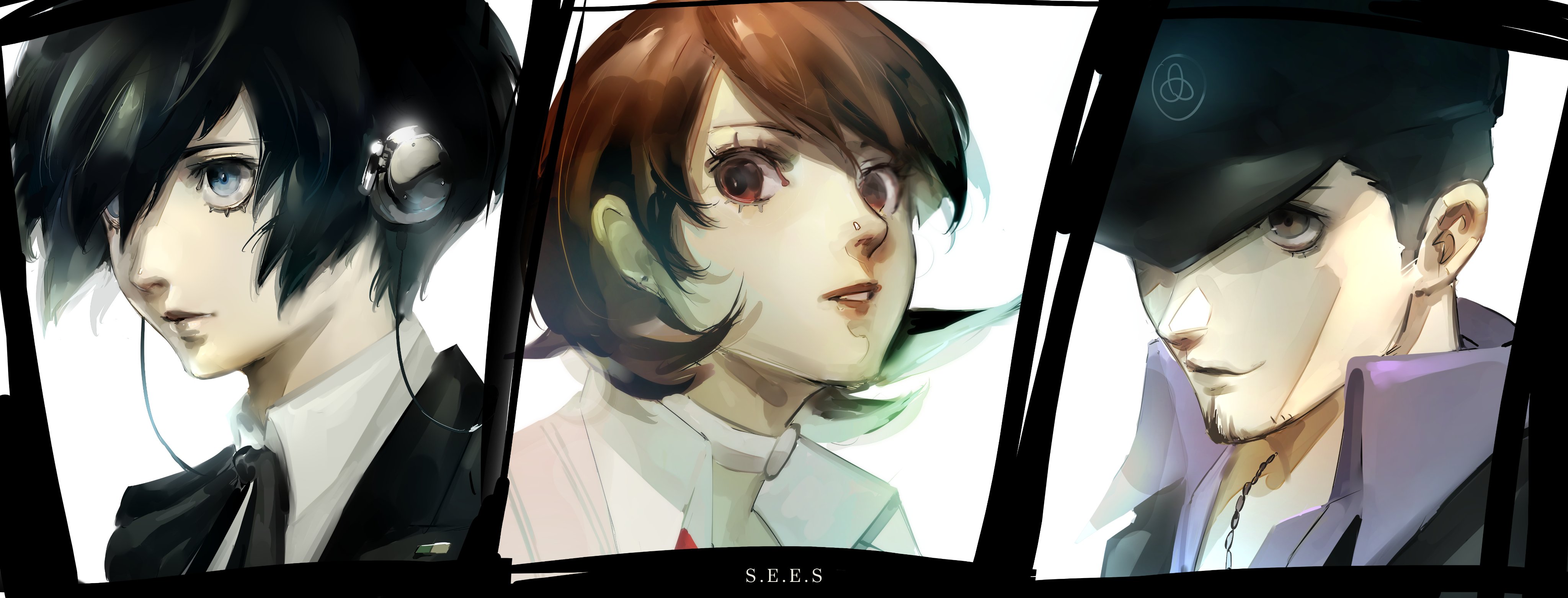 smoogiearts, iori junpei, takeba yukari, yuuki makoto (persona 3), persona, persona 3, absurdres, commentary, english commentary, highres, 1girl, 2boys, baseball cap, black hair, black jacket, black ribbon, blue hair, blue shirt, bow, bowtie, brown eyes, brown hair, cardigan, choker, closed mouth, collared shirt, earphones, earrings, eyelashes, facial hair, flipped hair, hat, jacket, jewelry, lips, looking at viewer, multiple boys, neck ribbon, necklace, parted lips, pink cardigan, portrait, red bow, red bowtie, ribbon, s.e.e.s, shirt, short hair, stud earrings, upper body, white choker, white shirt