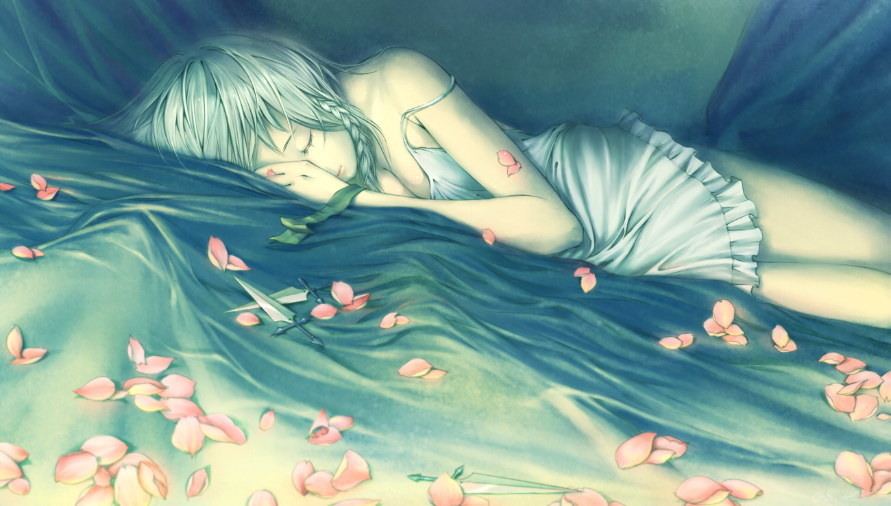 kieta, izayoi sakuya, touhou, silver hair, 1girl, blue theme, braid, breasts, cleavage, closed eyes, female focus, knife, lying, petals, sleeping, solo, strap slip, throwing knife, weapon