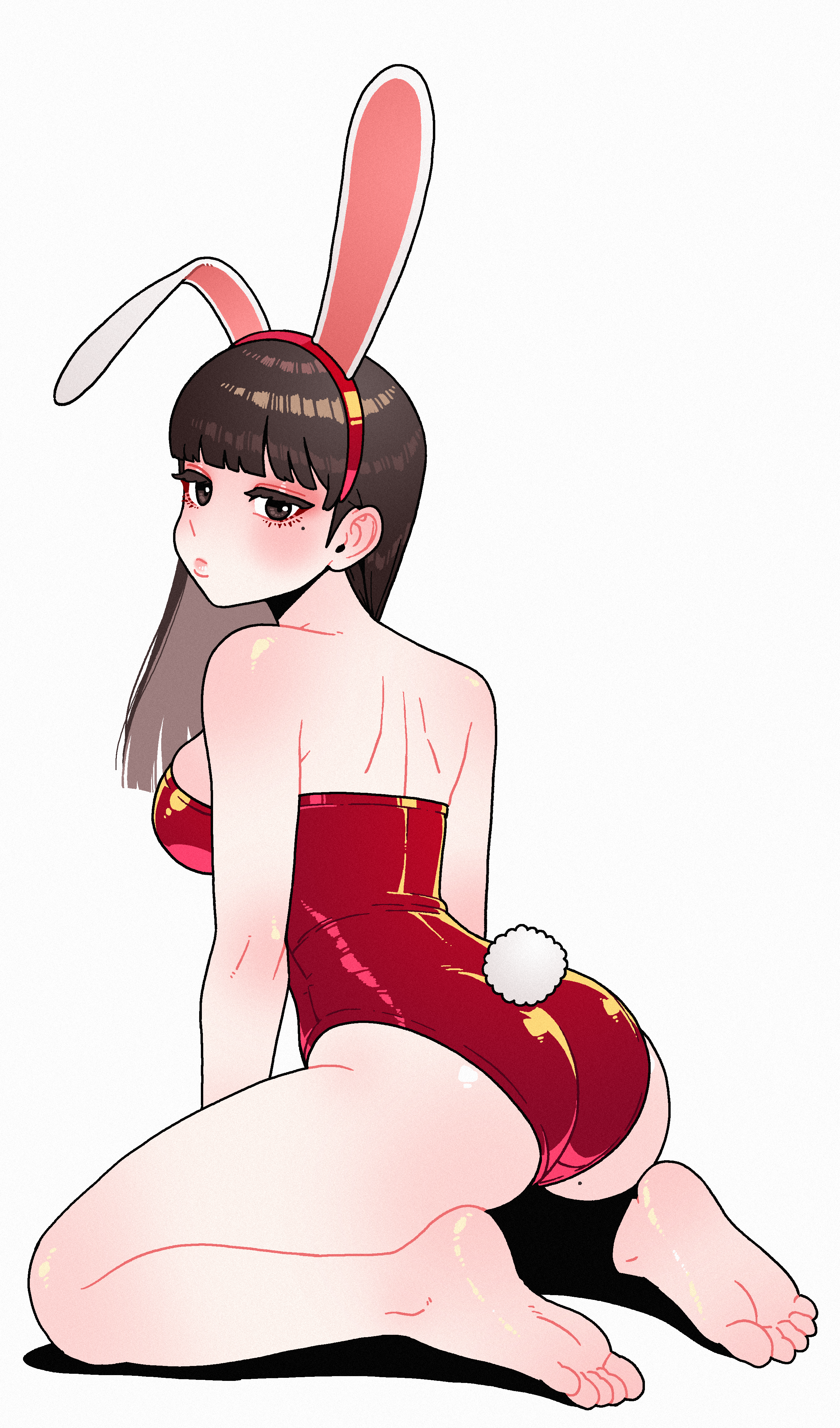 dc (makezzal), original, absurdres, commentary, highres, symbol-only commentary, 1girl, animal ear hairband, animal ears, ass, bare legs, barefoot, blunt bangs, blunt ends, blush, breasts, brown hair, fake animal ears, fake tail, full body, hairband, kneeling, leotard, long hair, looking at viewer, median furrow, medium breasts, mole, mole on ass, mole under eye, playboy bunny, rabbit ear hairband, rabbit ears, rabbit tail, red leotard, shoulder blades, sideboob, simple background, soles, solo, straight hair, strapless, strapless leotard, tail, white background