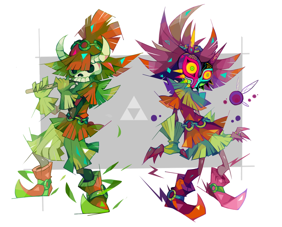 amakusa (hidorozoa), majora (entity), skull kid, tael, nintendo, the legend of zelda, the legend of zelda: majora's mask, the legend of zelda: ocarina of time, bad id, bad twitter id, 1boy, belt, boots, brown boots, comparison, fairy, fingerless gloves, flute, full body, gloves, green gloves, holding, holding flute, holding instrument, instrument, male focus, mask, multiple views, music, o-ring, o-ring belt, o-ring footwear, playing flute, playing instrument, pointy boots, short sleeves, skull mask, triforce print