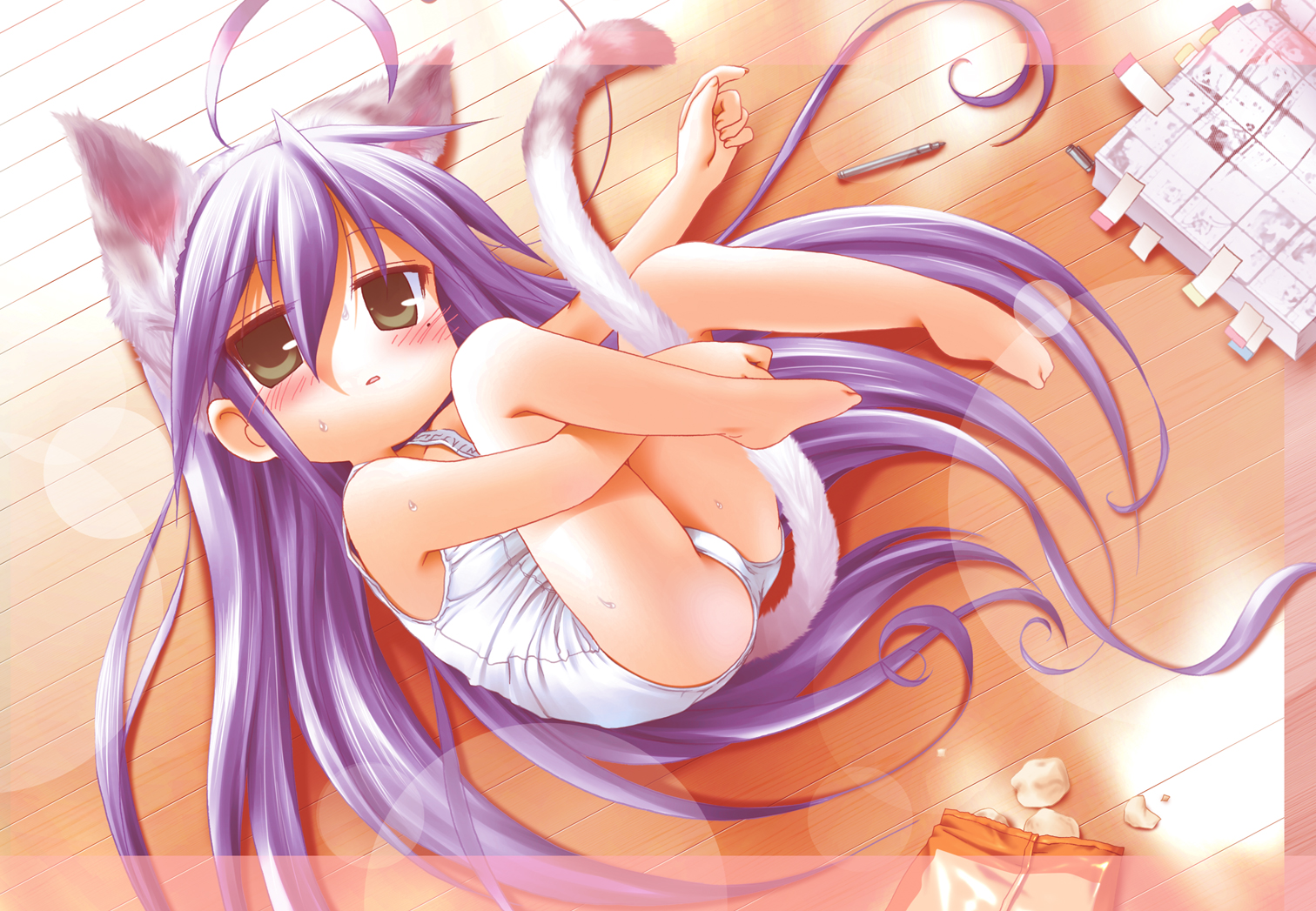 ikuta takanon, takanon, izumi konata, lucky star, 00s, 1girl, animal ears, barefoot, cat ears, cat tail, chips (food), feet, female focus, food, green eyes, long hair, lying, mole, mole under eye, one-piece swimsuit, potato chips, purple hair, school swimsuit, solo, swimsuit, tail, very long hair, white one-piece swimsuit, white school swimsuit