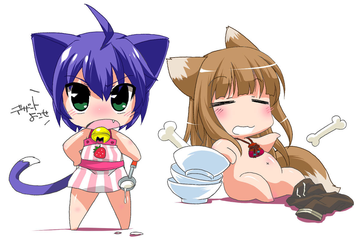 ikuta takanon, takanon, holo, midarezaki kyouka, kyouran kazoku nikki, spice and wolf, translated, 00s, 2girls, animal ears, bell, blue hair, bone, brown hair, cat ears, cat tail, chibi, crossover, fang, green eyes, long hair, multiple girls, nude, short hair, tail, wolf ears, wolf tail