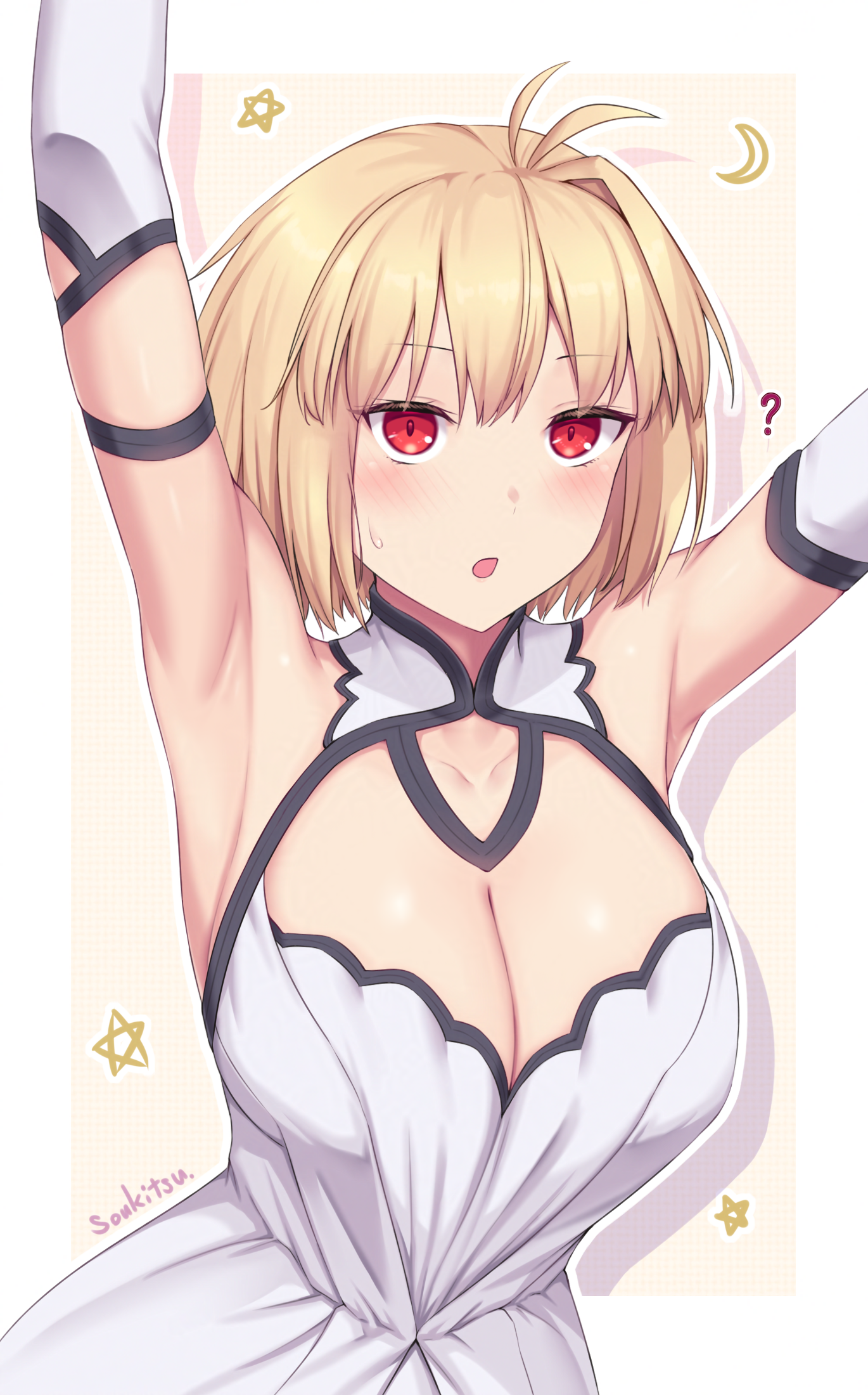 soukitsu, arcueid brunestud, tsukihime, tsukihime (remake), highres, 1girl, ahoge, alternate breast size (larger), armpits, bare shoulders, blonde hair, blush, breasts, cleavage, cleavage cutout, clothing cutout, detached collar, detached sleeves, dress, elbow gloves, flower, gloves, hair between eyes, hair flower, hair ornament, huge breasts, large breasts, official alternate costume, red eyes, short hair, sleeveless, sleeveless dress, white dress, white gloves