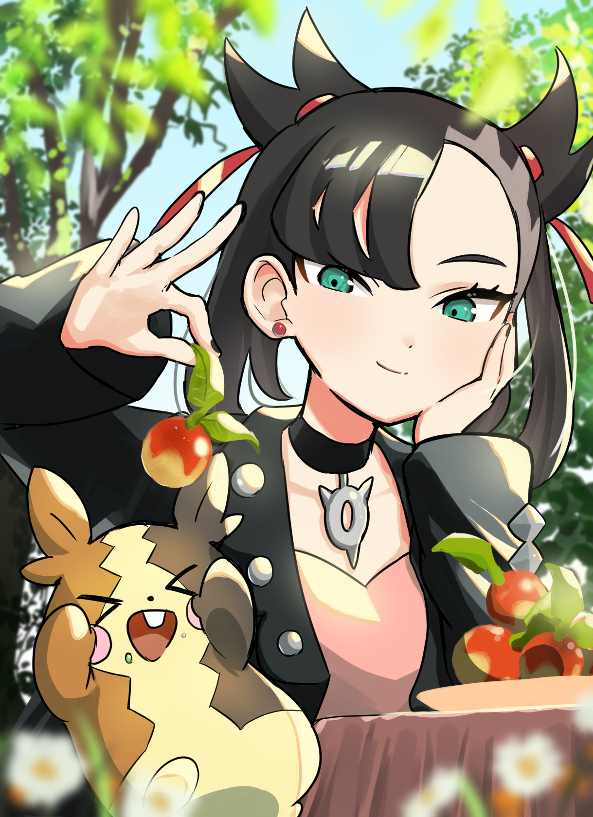 anko (ankochan 114), marnie (pokemon), morpeko, morpeko (full), nintendo, pokemon, pokemon swsh, highres, 1girl, asymmetrical bangs, black choker, black hair, black jacket, black nails, choker, closed mouth, dress, earrings, eyelashes, gen 8 pokemon, green eyes, hand on own face, jacket, jewelry, looking at another, pink dress, pokemon (creature), smile, twintails, upper body