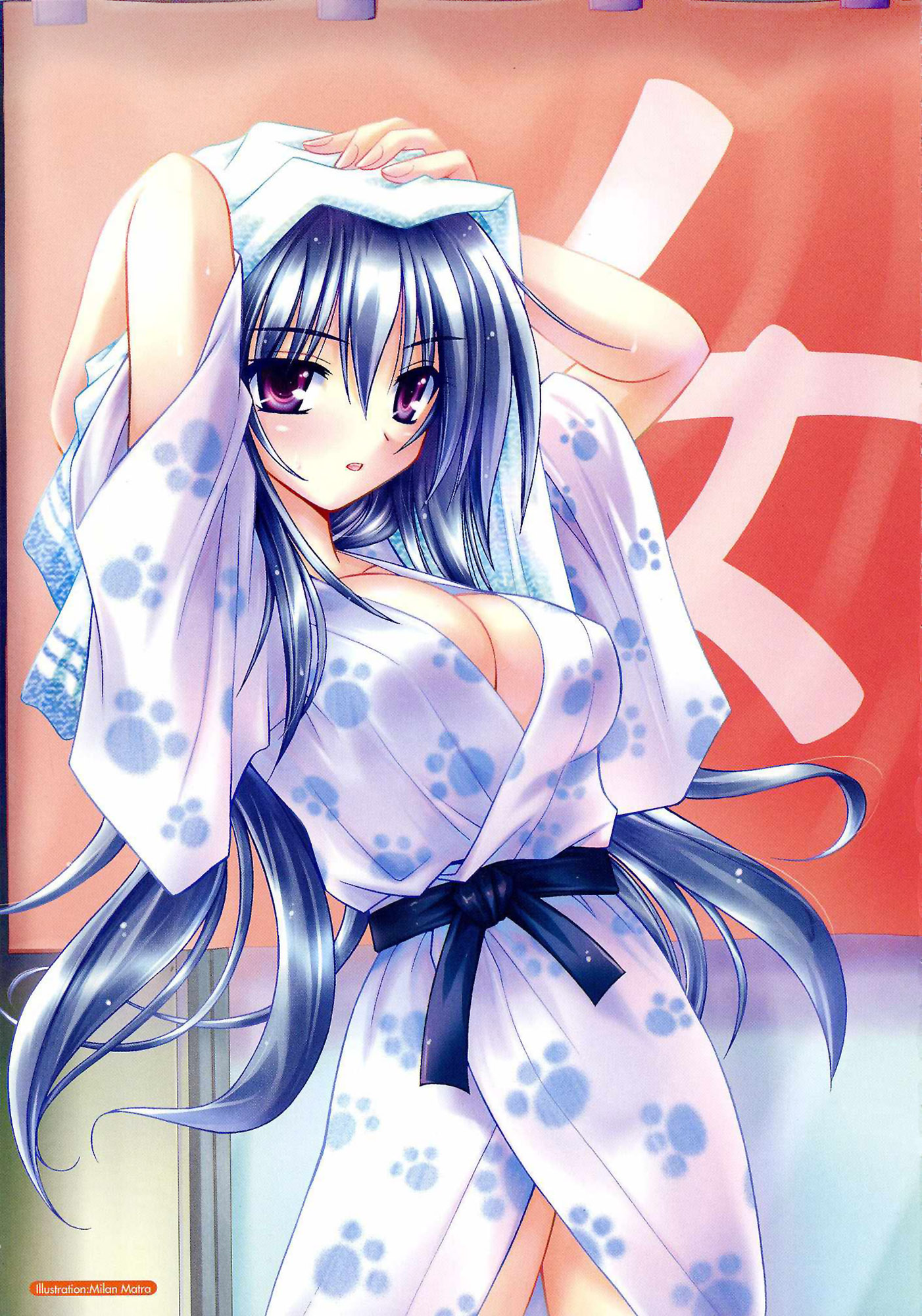 matra milan, noihara himari, omamori himari, highres, official art, scan, 1girl, bathrobe, blue hair, blush, breasts, female focus, japanese clothes, kimono, large breasts, multicolored eyes, paw print, purple eyes, solo, towel, towel on head, yukata