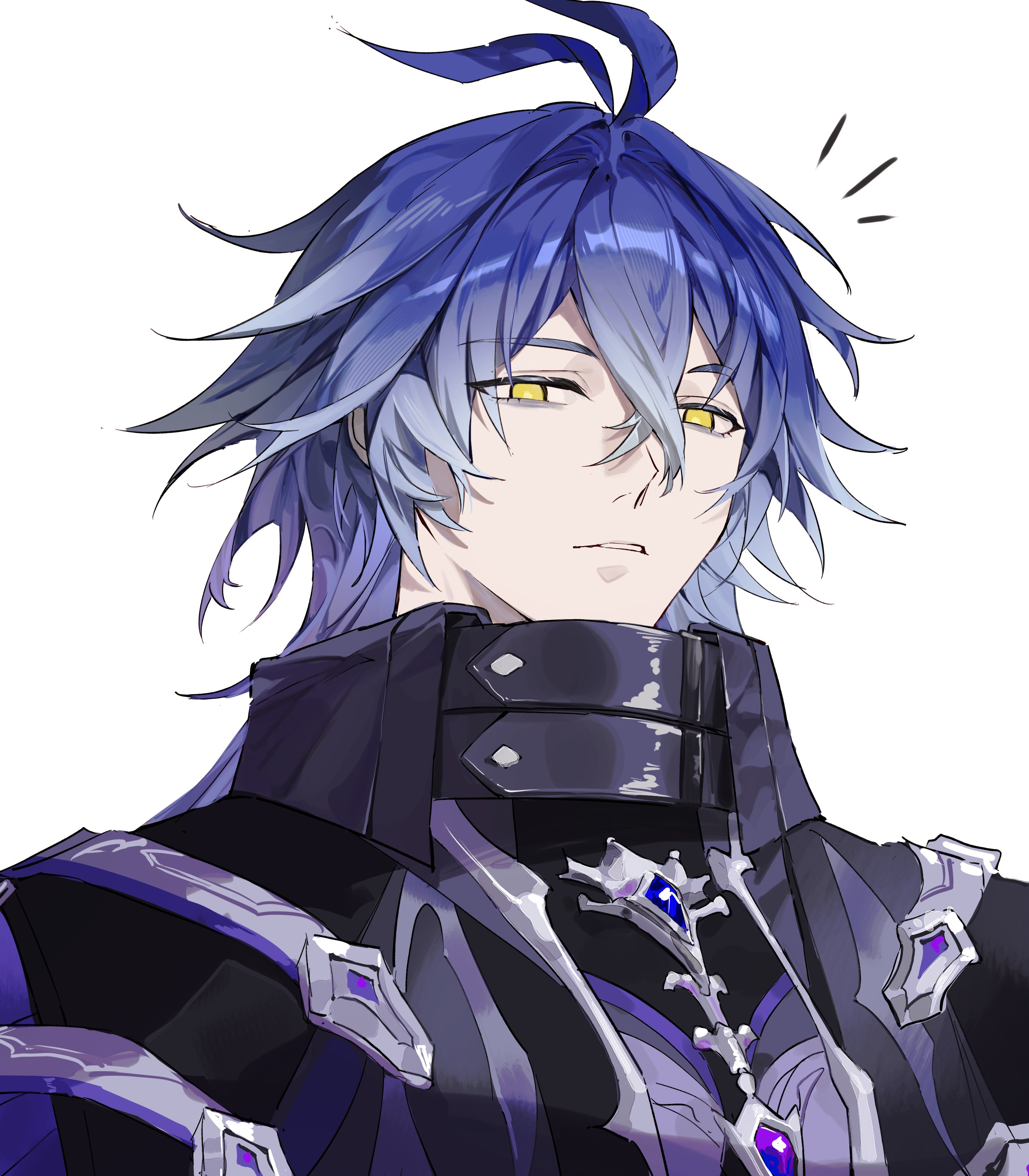 toriumu, flins (genshin impact), genshin impact, absurdres, commentary, english commentary, highres, 1boy, antenna hair, black coat, blue gemstone, coat, crossed bangs, double-parted bangs, gem, hair between eyes, looking at viewer, male focus, parted lips, simple background, solo, teeth, upper body, white background, yellow eyes