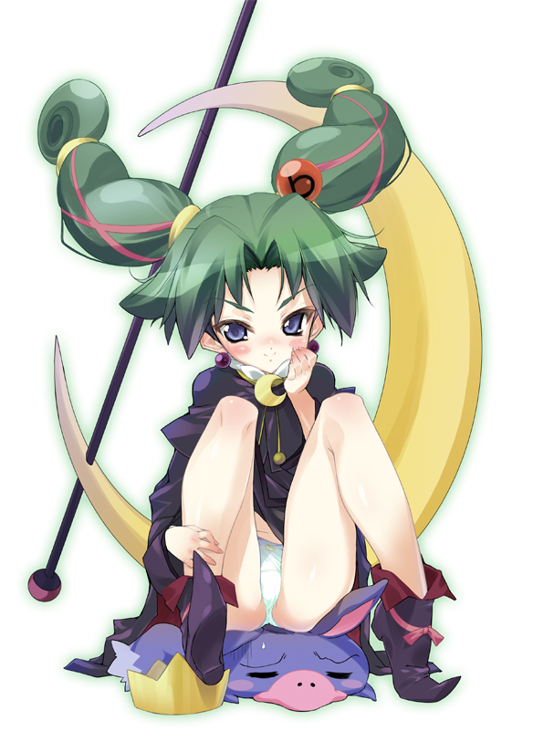 urotan, bibin, edo-chin, fushigiboshi no futago hime, fushigiboshi no futago hime gyu, toe-point, 00s, 1girl, = =, blue eyes, blush, bottomless, cape, crescent, crescent moon, earrings, green hair, hair ornament, hair ribbon, jewelry, long hair, moon, panties, ribbon, sitting, sitting on person, smile, spread legs, twintails, underwear