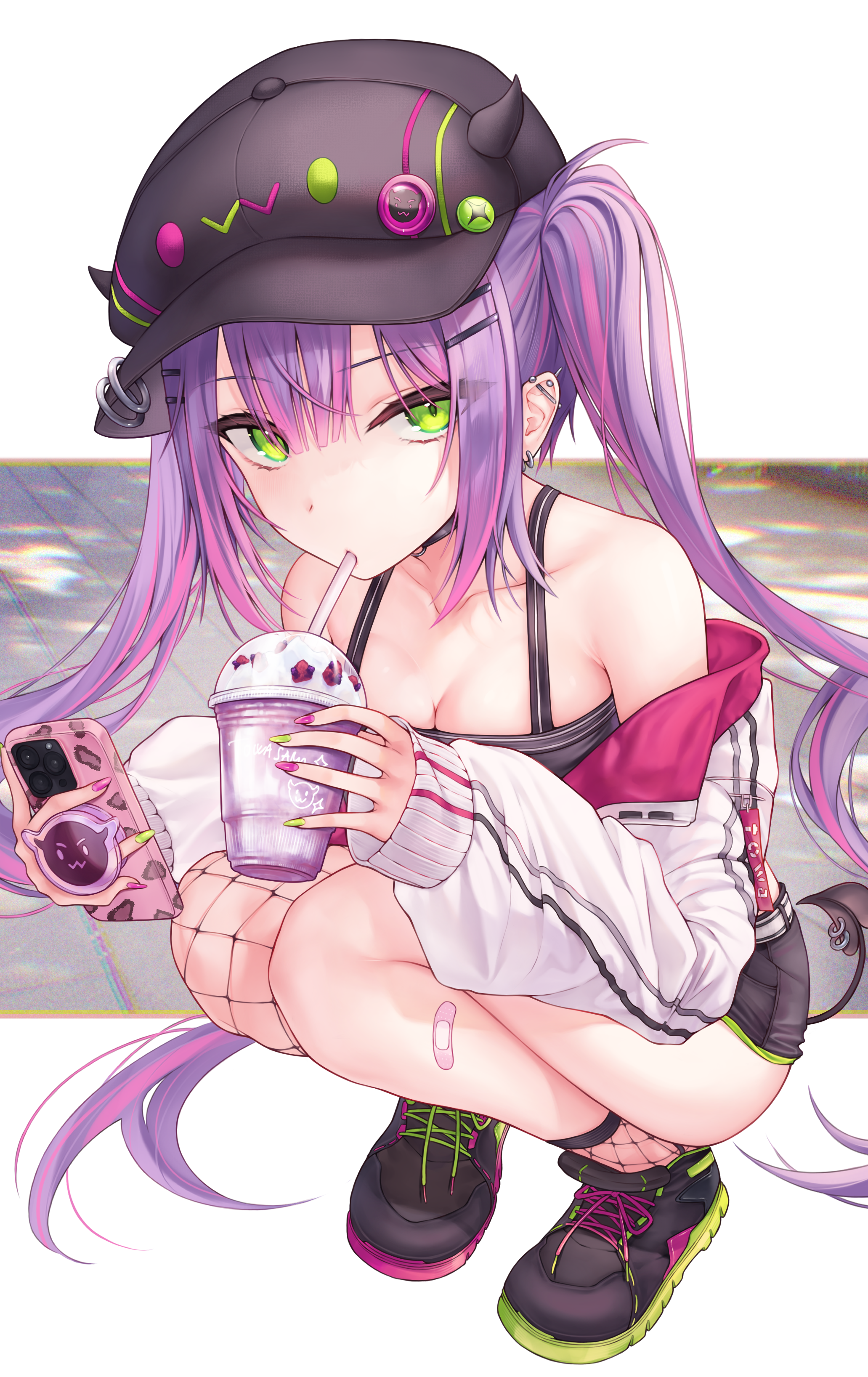 ed granger, tokoyami towa, hololive, absurdres, highres, 1girl, breasts, demon tail, drink, drinking, ear piercing, fake horns, green eyes, holding, holding drink, holding phone, horned headwear, horns, looking at viewer, phone, piercing, purple hair, short shorts, shorts, squatting, tail, tail ornament, tail piercing, thighs, virtual youtuber