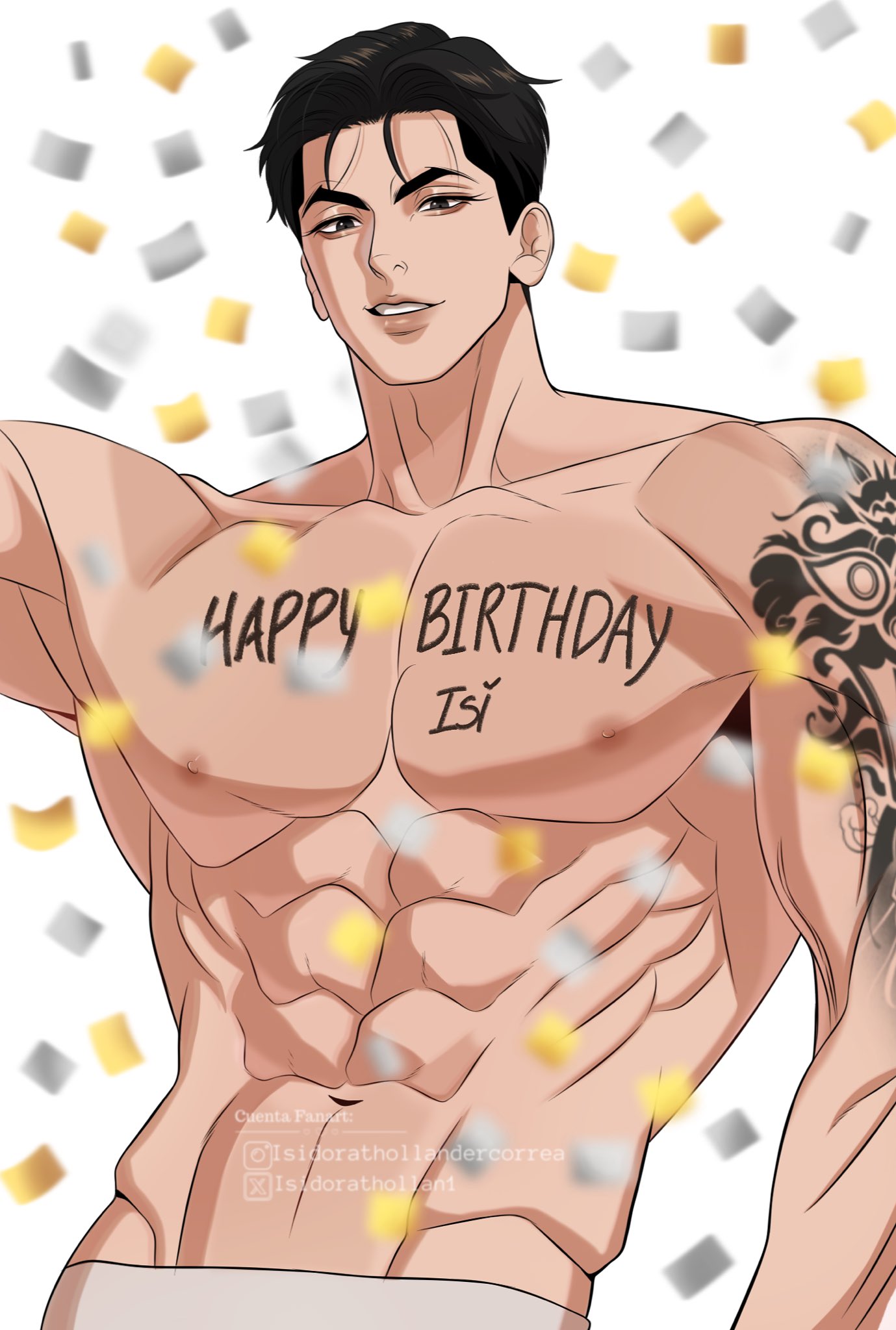 isidorathollan1, joo jaekyung, jinx (manhwa), highres, 1boy, arm tattoo, bara, bare pectorals, biceps, black eyes, black hair, body writing, confetti, large pectorals, male focus, muscular, muscular male, navel, nipples, pectorals, short hair, solo, stomach, tattoo