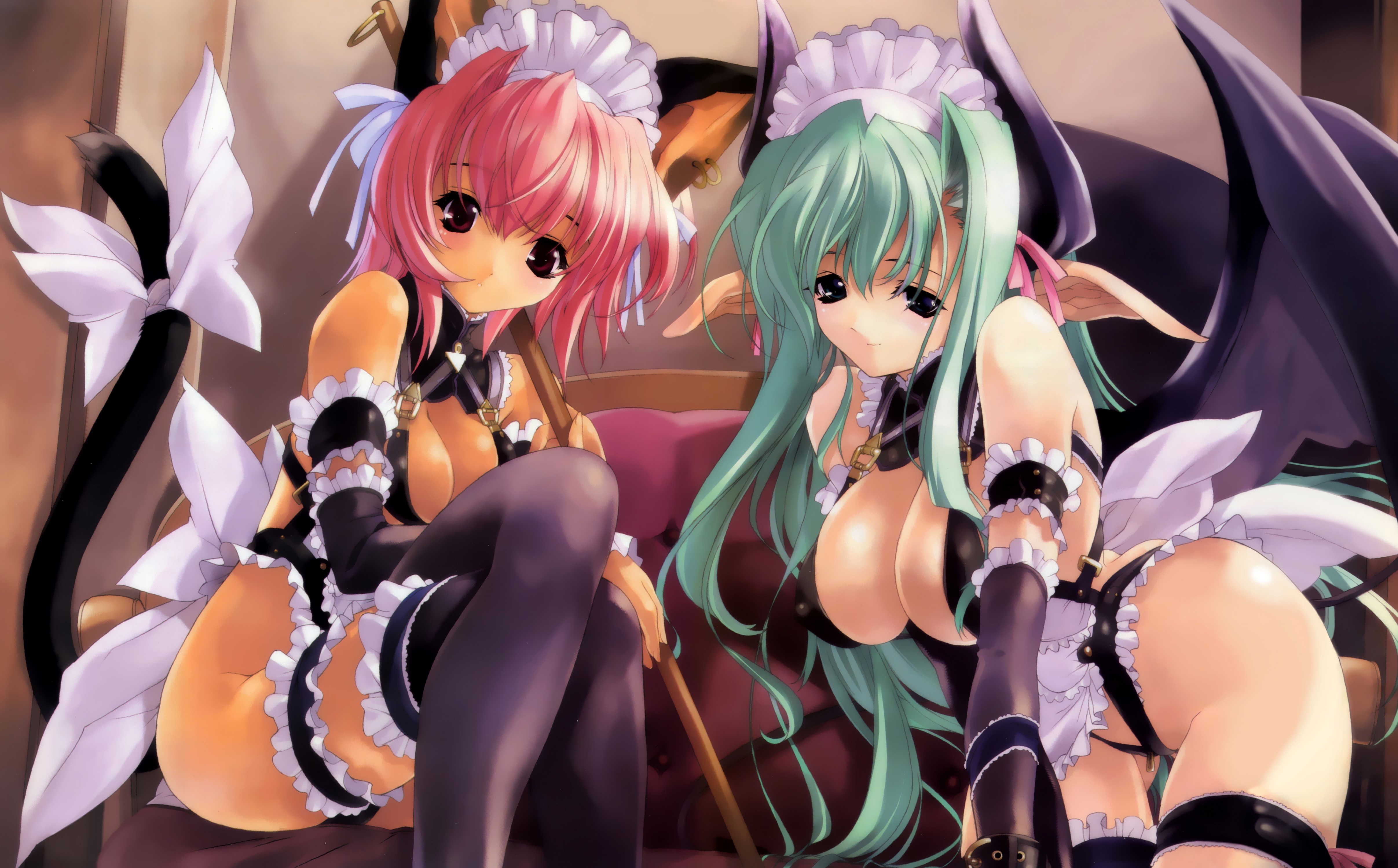miwa yoshikazu, black legwear, absurdres, highres, 2girls, animal ears, arm garter, bat wings, blush, breasts, cat ears, cat tail, cleavage, demon girl, elbow gloves, elf, frilled thigh strap, gloves, green hair, headdress, horns, large breasts, lingerie, maid, multiple girls, pink hair, pointy ears, tail, thigh strap, thighhighs, underwear, wings