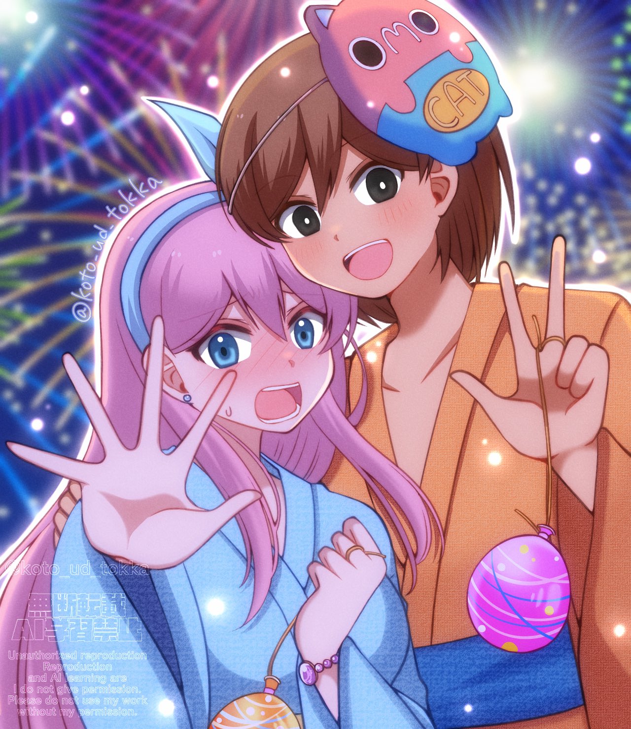 hisaho, aubrey (faraway) (omori), aubrey (omori), kel (faraway) (omori), kel (omori), omori, highres, 1boy, 1girl, aerial fireworks, alternate costume, black eyes, blue eyes, blue hairband, blue kimono, blurry, blurry background, bracelet, breasts, bright pupils, brown hair, collarbone, double-parted bangs, earrings, fireworks, hair between eyes, hairband, japanese clothes, jewelry, kimono, long hair, long sleeves, looking at viewer, mask, mask on head, medium breasts, open mouth, orange kimono, pink hair, short hair, sweatdrop, teeth, tongue, twitter username, upper teeth only, v, watermark, white pupils