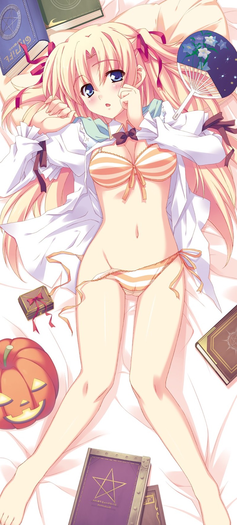 kusukusu, marie rudel, sakura strasse, highres, 1girl, barefoot, blonde hair, blue eyes, blush, book, bra, cameltoe, female focus, hair ribbon, hand fan, jack-o'-lantern, lingerie, long hair, lying, midriff, navel, open clothes, open shirt, panties, paper fan, pentagram, pillow, pumpkin, ribbon, shirt, side-tie panties, solo, striped bra, striped clothes, striped panties, uchiwa, underwear