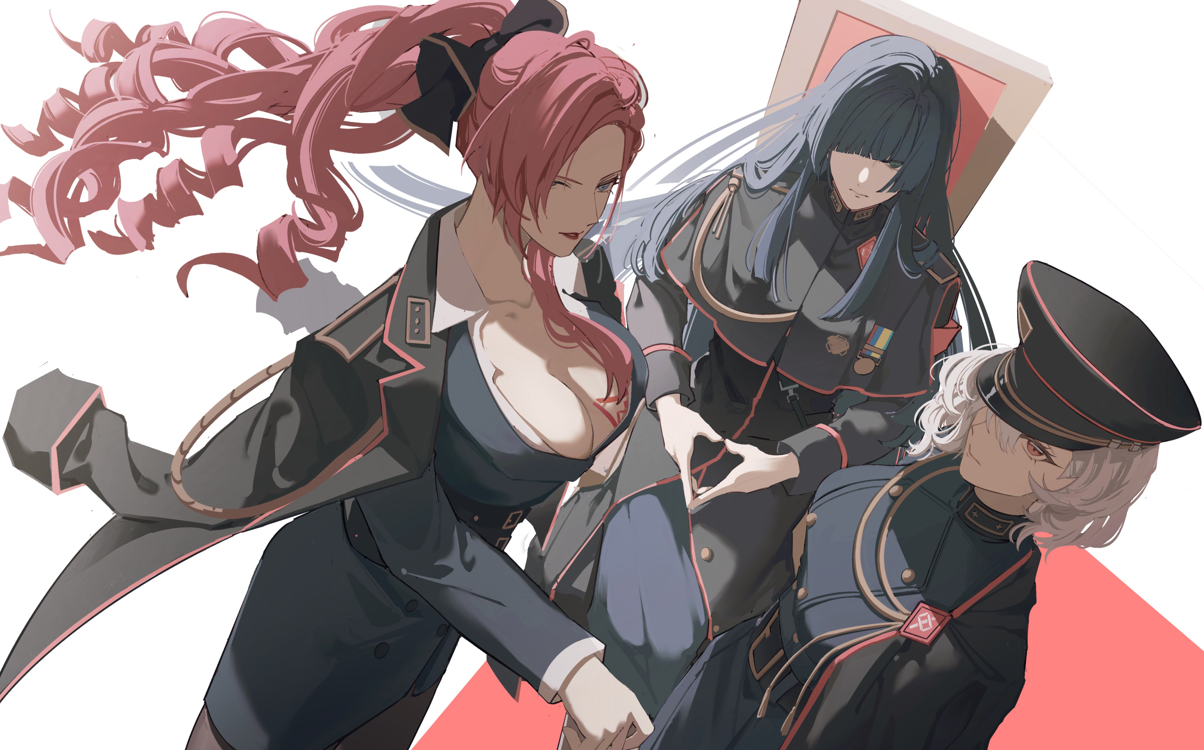 accookie, aohitsugi nemu, kadenokoji ichijiku, tohoten otome, hypnosis mic, absurdres, clothing request, highres, 3girls, aiguillette, asymmetrical bangs, belt, belted jacket, black bow, black capelet, black coat, black hat, blue dress, blue hair, blue skirt, blunt bangs, blunt ends, bow, breast tattoo, breasts, buttons, capelet, chair, cleavage, coat, collarbone, collared shirt, curly hair, double-breasted, dress, dutch angle, expressionless, feet out of frame, floating clothes, floating hair, from above, hair between eyes, hair bow, hair over one eye, hair over shoulder, hands on lap, hat, hime cut, jacket, jacket on shoulders, kotonohatoh, kotonohatoh uniform, lapels, large breasts, long hair, long skirt, long sleeves, looking at viewer, medallion, medium breasts, multiple belts, multiple girls, notched lapels, on chair, pale skin, peaked cap, pink hair, pink trim, ponytail, red lips, shadow, shirt, short hair, sidelighting, simple background, sitting, skirt, standing, steepled fingers, straight hair, tattoo, wavy hair, white background, white hair, white shirt