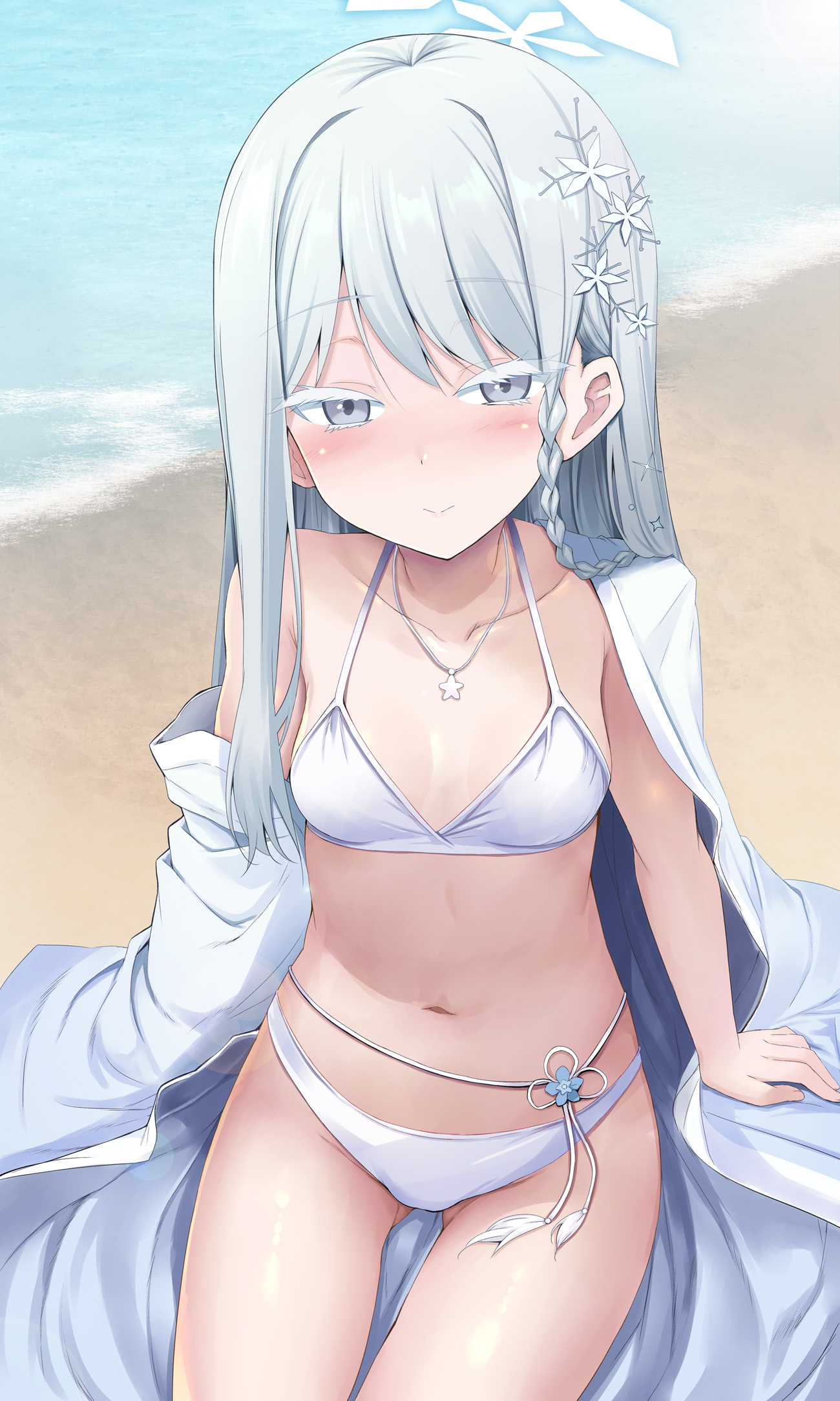sen (astronomy), nagusa (blue archive), nagusa (swimsuit) (blue archive), blue archive, commentary, highres, 1girl, beach, bikini, blush, braid, breasts, closed mouth, collarbone, colored eyelashes, grey eyes, hair ornament, halo, haori, japanese clothes, jewelry, long hair, looking at viewer, navel, necklace, official alternate costume, on ground, sand, single bare shoulder, single braid, sitting, small breasts, smile, snowflake hair ornament, solo, star (symbol), star necklace, stomach, swimsuit, thick eyelashes, white bikini, white eyelashes, white hair, white halo, white haori