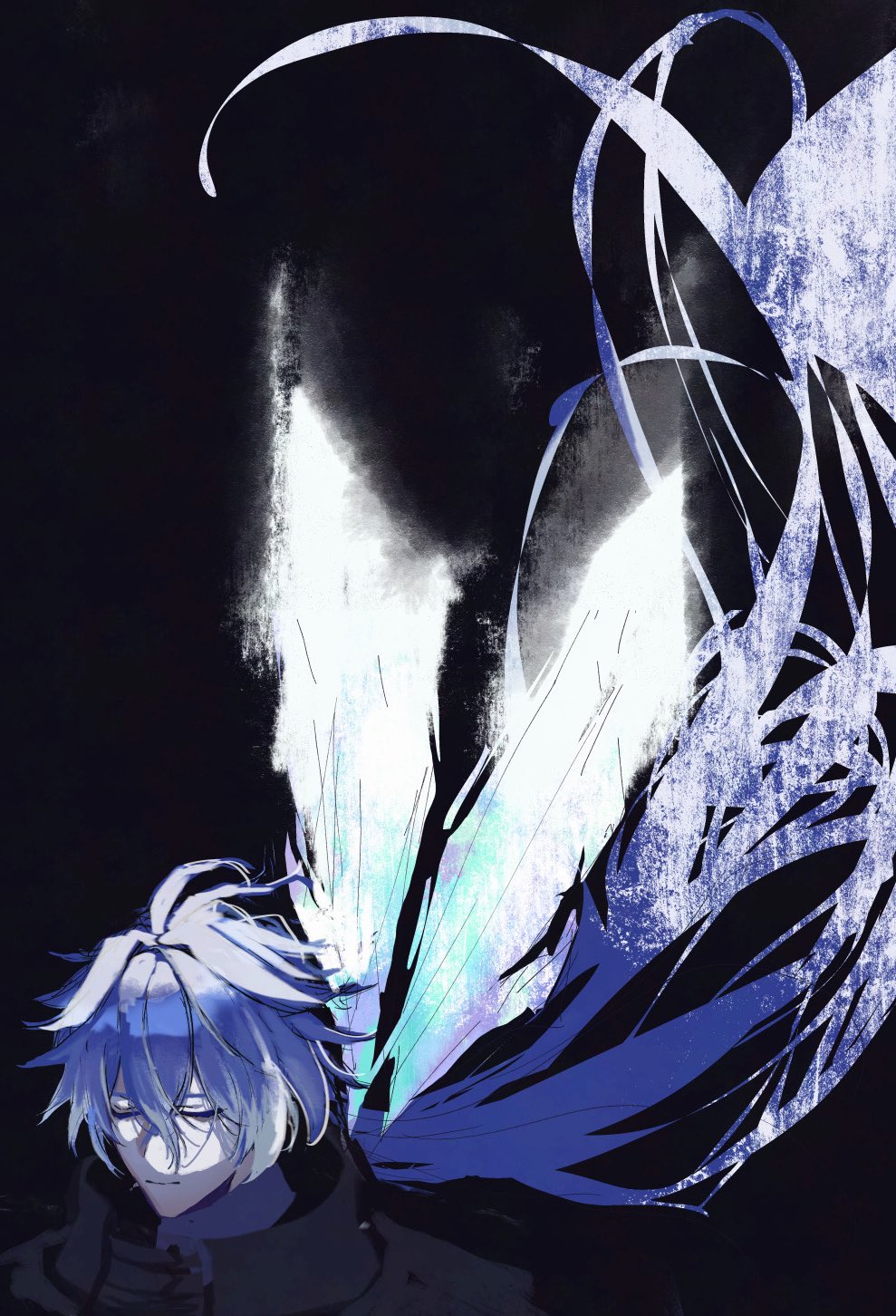 flins (genshin impact), genshin impact, commentary, hashtag-only commentary, highres, 1boy, absurdly long hair, black background, blue hair, closed eyes, closed mouth, crossed bangs, fairy wings, floating hair, long hair, male focus, oo o022, solo, very long hair, wings