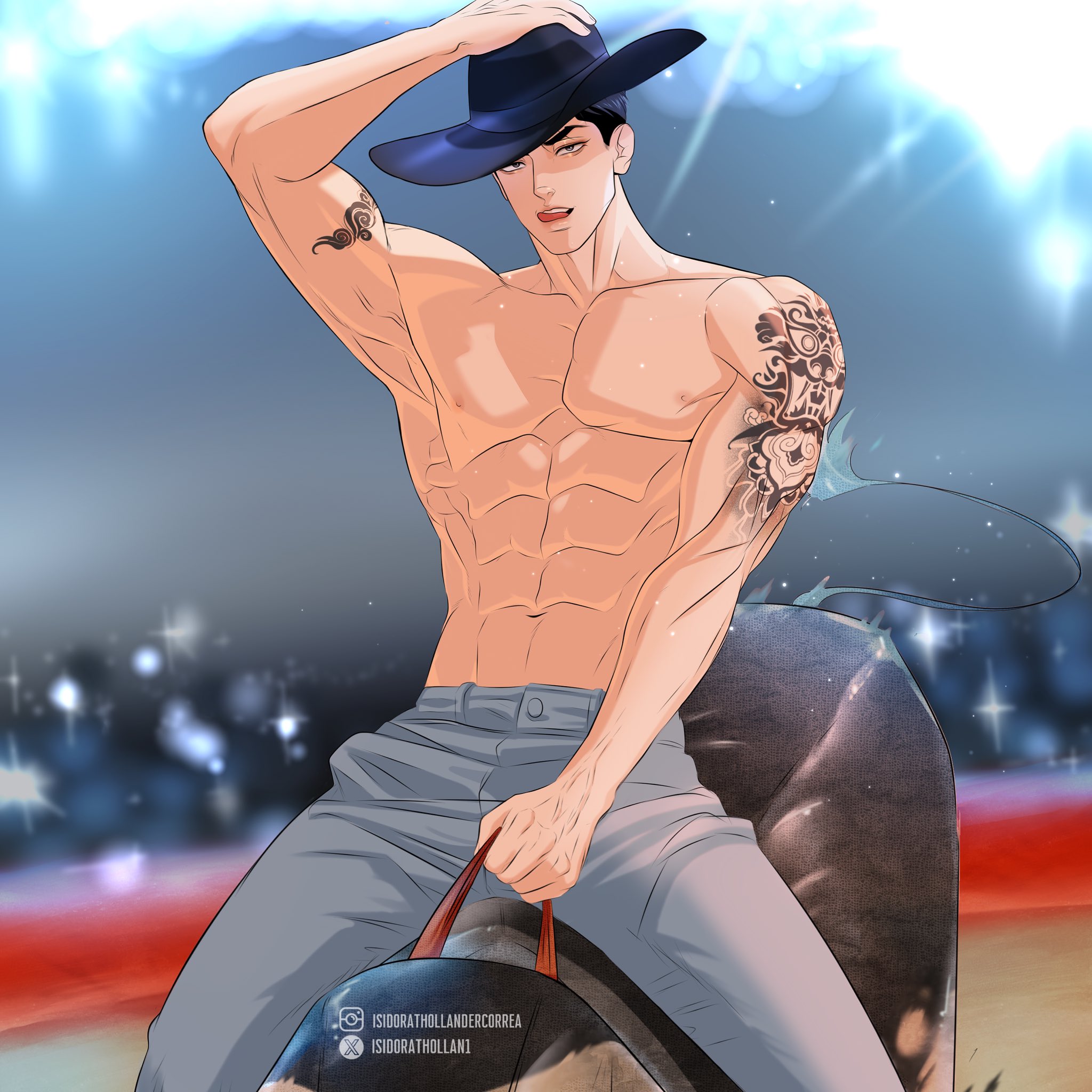 isidorathollan1, joo jaekyung, jinx (manhwa), highres, 1boy, arm tattoo, bara, bare pectorals, black eyes, black hair, blurry, blurry background, cowboy hat, denim, hat, jeans, male focus, mechanical bull, muscular, muscular male, pants, pectorals, rodeo, short hair, solo, tattoo, topless male