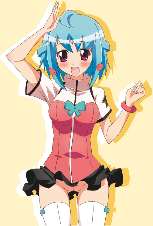 paopa ship, seika koron, doki doki majo shinpan, 1girl, blue hair, blush, bracelet, breasts, female focus, hair ornament, jewelry, no panties, purple eyes, pussy, short hair, skirt, smile, solo, standing, thighhighs, uncensored