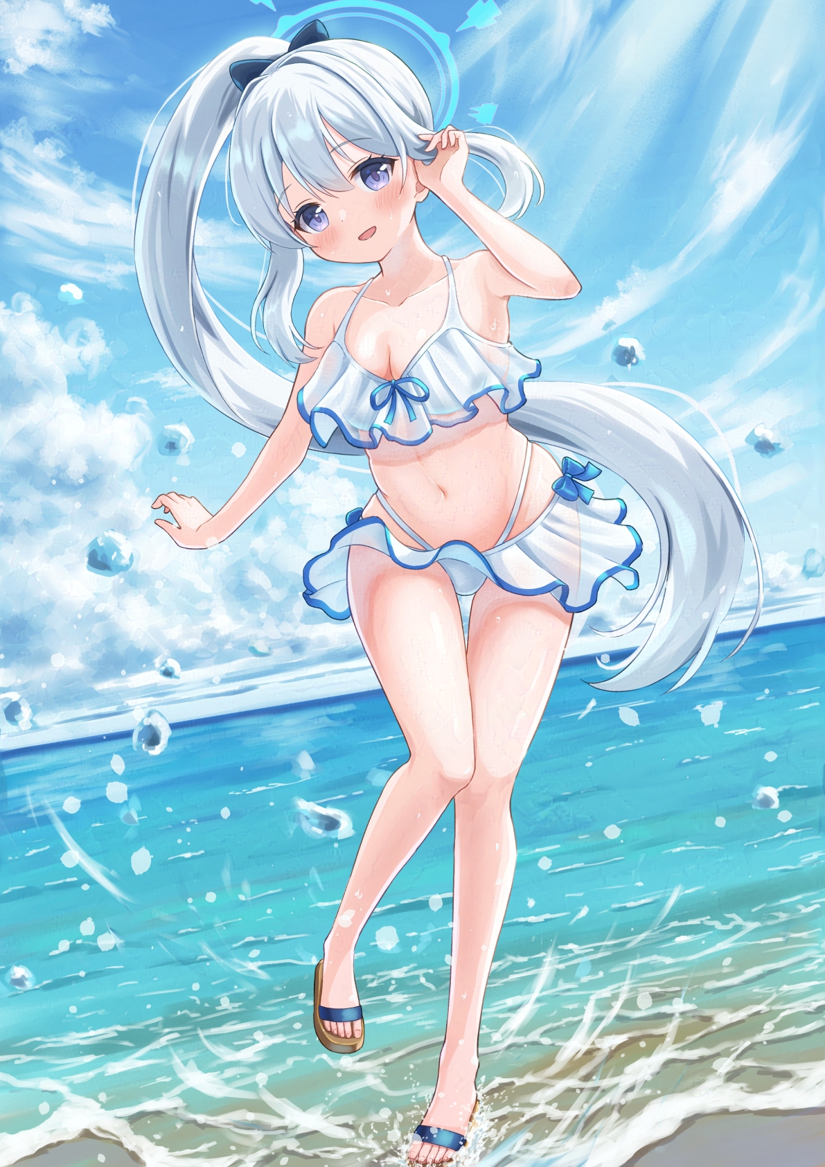 asama fumi, miyako (blue archive), blue archive, highres, 1girl, alternate costume, bikini, bikini skirt, blue halo, bow, frilled bikini, frills, full body, hair bow, halo, highleg, highleg bikini, long hair, looking at viewer, navel, ponytail, purple eyes, sandals, smile, solo, swimsuit, white bikini, white hair