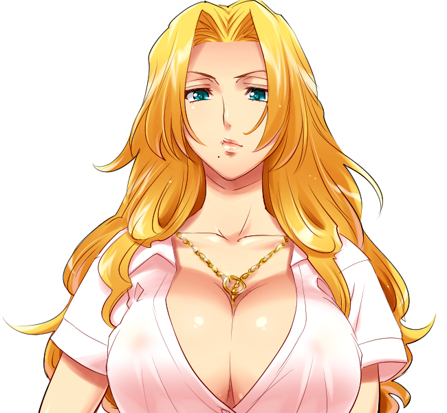 hairu, matsumoto rangiku, bleach, 00s, 1girl, aqua eyes, between breasts, blonde hair, breasts, chain, cleavage, female focus, hair intakes, huge breasts, large breasts, lips, long hair, mole, mole under mouth, school uniform, serafuku, simple background, solo, upper body, white background
