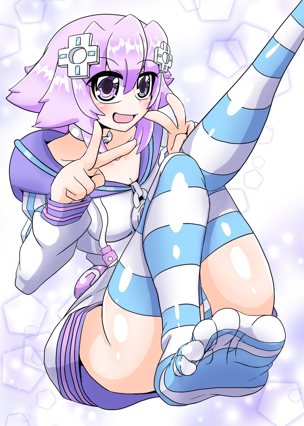 nepnepdaitsuki, neptune (neptunia), neptune (series), highres, 1girl, choker, d-pad, d-pad hair ornament, feet, hair ornament, hood, hooded track jacket, hoodie, jacket, jewelry, neck ring, open mouth, panties, purple eyes, purple hair, short hair, sidelocks, simple background, socks, solo, striped clothes, striped panties, striped socks, toes, track jacket, underwear, usb, white choker