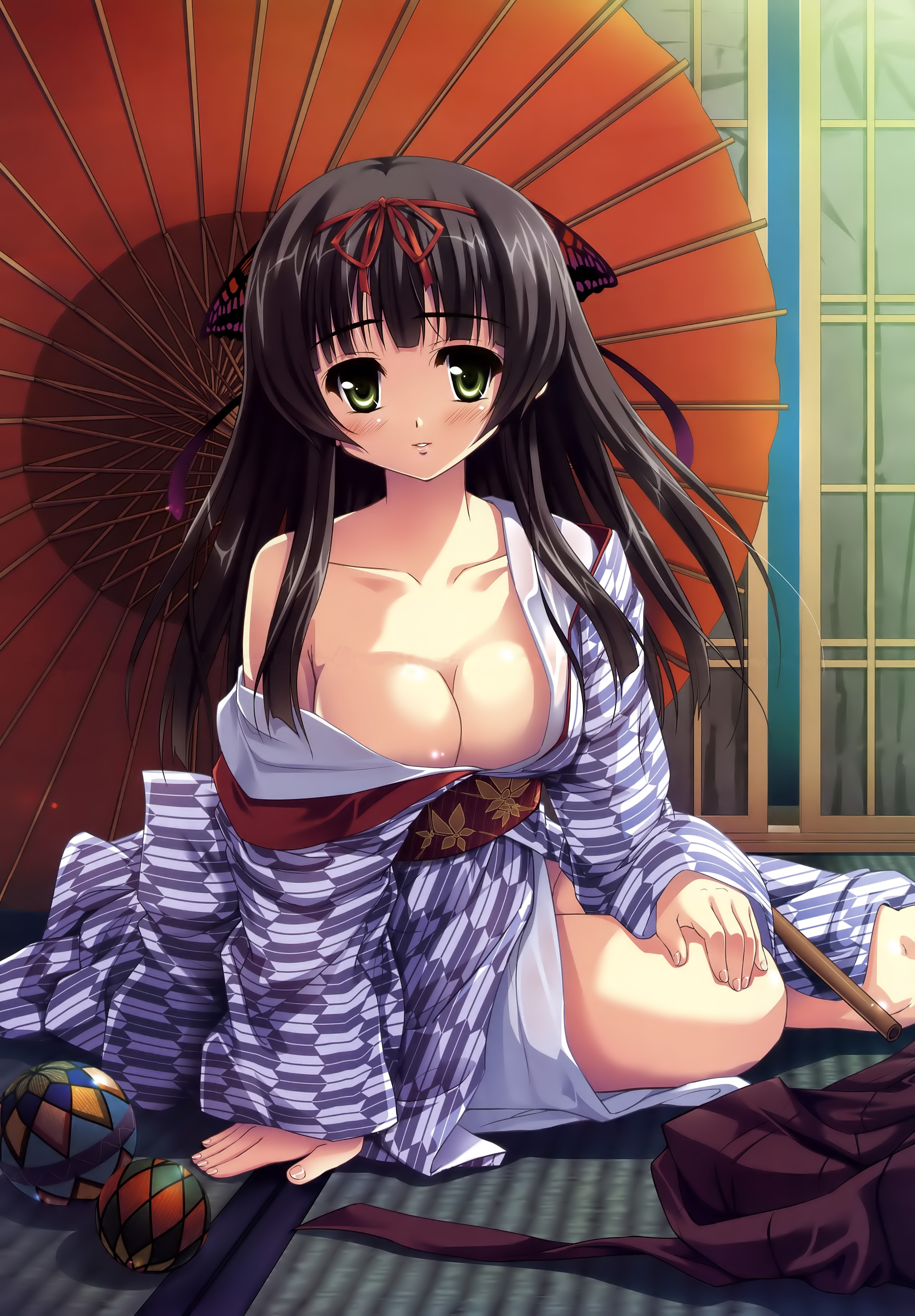 tougarashi hideyu, asagiri itsuki, kiss yori saki ni koi yori hayaku, absurdres, highres, 1990s (style), 1girl, bare shoulders, blush, breasts, brown hair, cleavage, collarbone, female focus, green eyes, japanese clothes, kimono, large breasts, long hair, off shoulder, oil-paper umbrella, retro artstyle, solo, umbrella, yagasuri