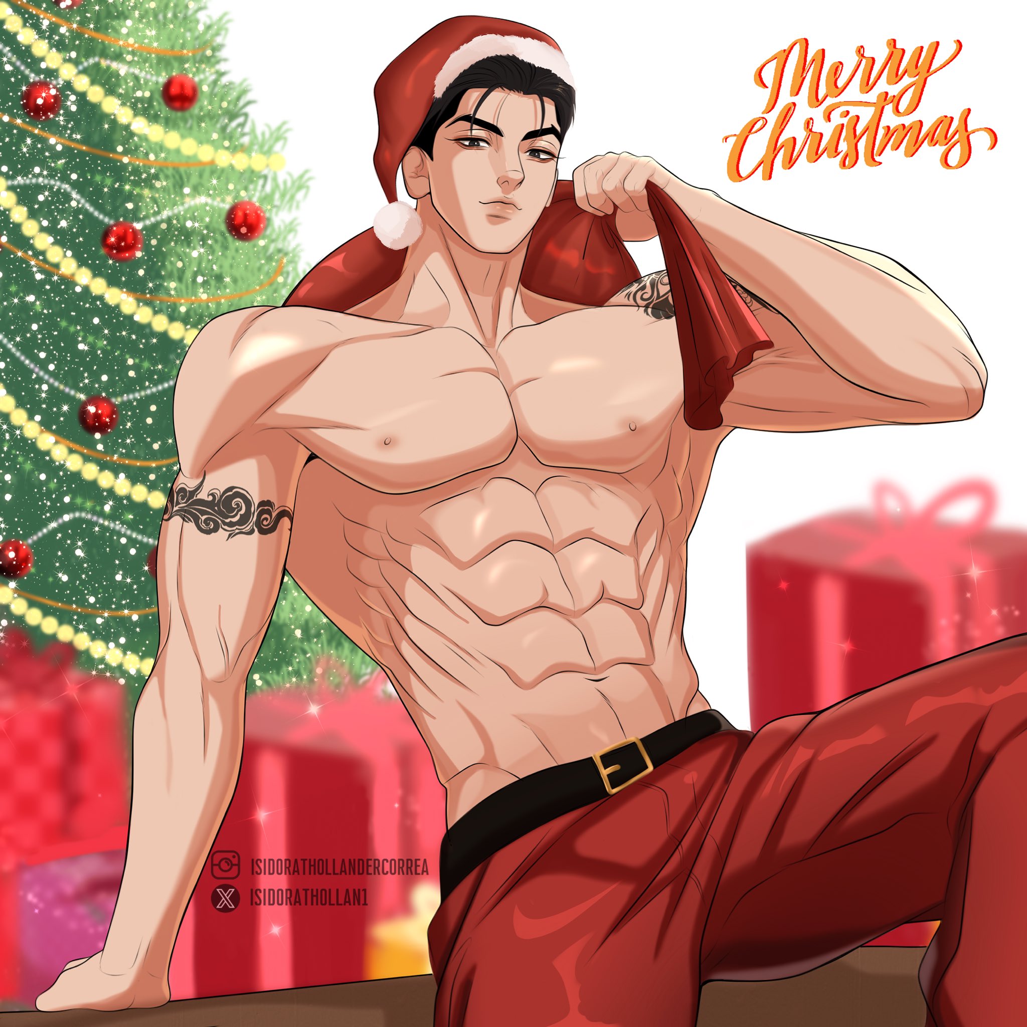 isidorathollan1, joo jaekyung, jinx (manhwa), highres, 1boy, alternate costume, arm tattoo, bara, bare pectorals, belt, biceps, black eyes, black hair, blurry, blurry background, box, christmas, christmas lights, christmas ornaments, christmas tree, gift, gift box, hat, male focus, merry christmas, muscular, muscular male, pants, pectorals, red pants, santa costume, santa hat, short hair, solo, tattoo