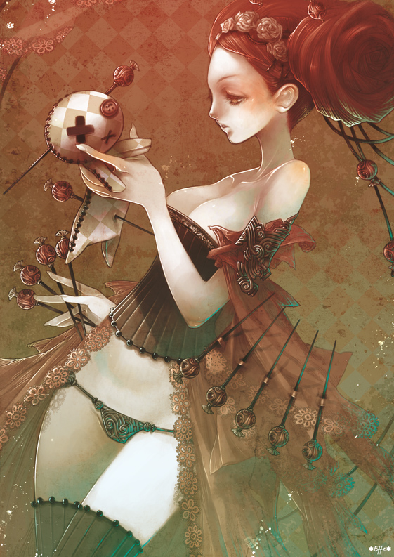 0effe0, effe, original, doll, double bun, flower, lingerie, panties, solo, thighhighs, underwear