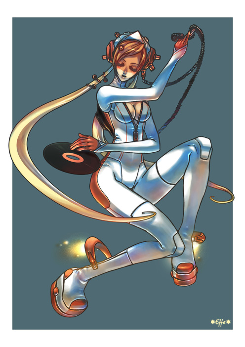 0effe0, effe, platform footwear, 1girl, arm up, blonde hair, bodysuit, boots, breasts, brown hair, cable, cleavage, closed eyes, female focus, fire, full body, gloves, gradient hair, hair ornament, headphones, holding, knee up, large breasts, long hair, long legs, low twintails, multicolored hair, music, open mouth, platform boots, signature, simple background, solo, spandex, swept bangs, twintails, unzipped, very long hair, vinyl record, zipper