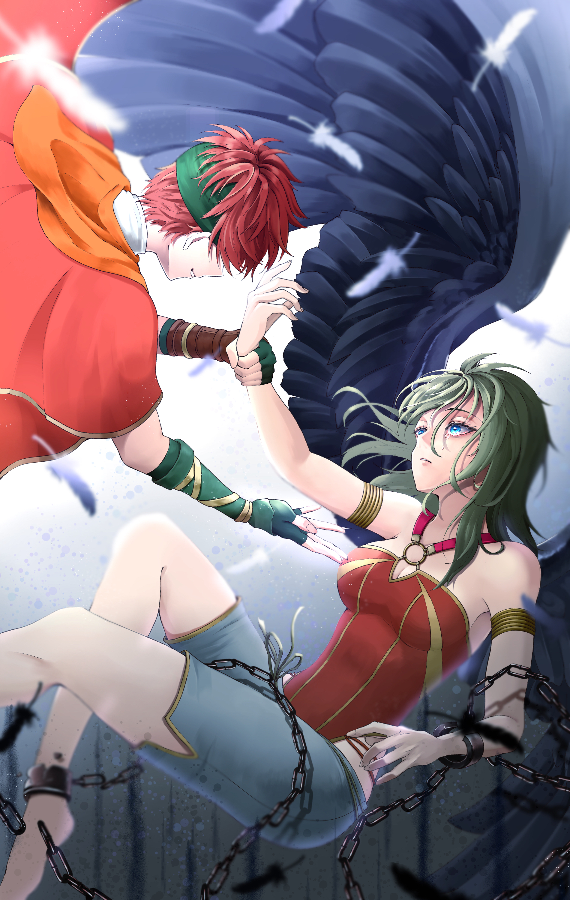 aplche, tormod (fire emblem), vika (fire emblem), fire emblem, fire emblem: radiant dawn, nintendo, absurdres, commentary request, highres, 1boy, 1girl, armlet, black wings, blue eyes, breasts, chain, cleavage, cuffs, feathered wings, feathers, green hair, jewelry, long hair, o-ring, parted lips, red hair, short hair, tears, wings