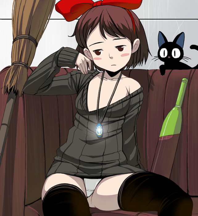 kouno (masao), jiji (majo no takkyuubin), kiki (majo no takkyuubin), majo no takkyuubin, studio ghibli, tenkuu no shiro laputa, 1girl, alcohol, bow, broom, brown eyes, brown hair, cat, company connection, couch, female focus, hair bow, hairband, hikouseki, jewelry, necklace, off shoulder, panties, pantyshot, parody, ribbon, short hair, solo, sweater, thighhighs, underwear, white panties, wine
