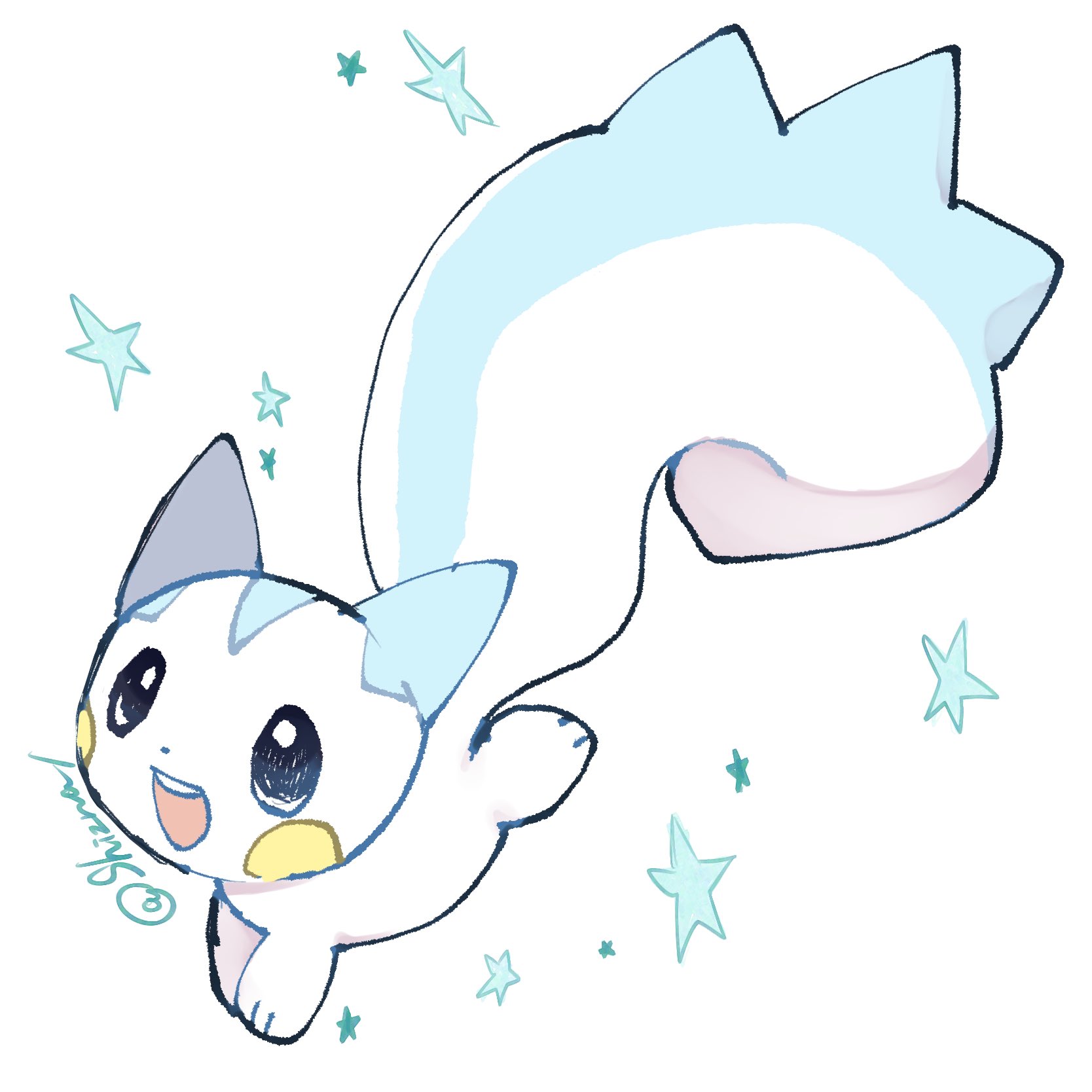 shiznar, pachirisu, nintendo, pokemon, commentary request, highres, animal focus, blue eyes, full body, gen 4 pokemon, no humans, pokemon (creature), pokemon focus, smile, solo, star (symbol), twitter username, white background