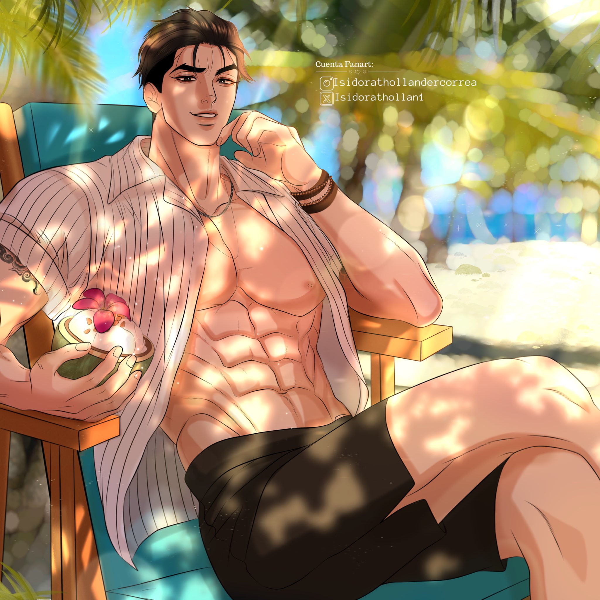 isidorathollan1, joo jaekyung, jinx (manhwa), highres, 1boy, abs, arm tattoo, bara, bare pectorals, beach, beach chair, bead bracelet, beads, black eyes, black hair, blurry, blurry background, bracelet, coconut, jewelry, male focus, male swimwear, muscular, muscular male, necklace, nipples, open clothes, open shirt, parted lips, pectorals, short hair, sitting, solo, sunlight, swim trunks, tattoo, thighs