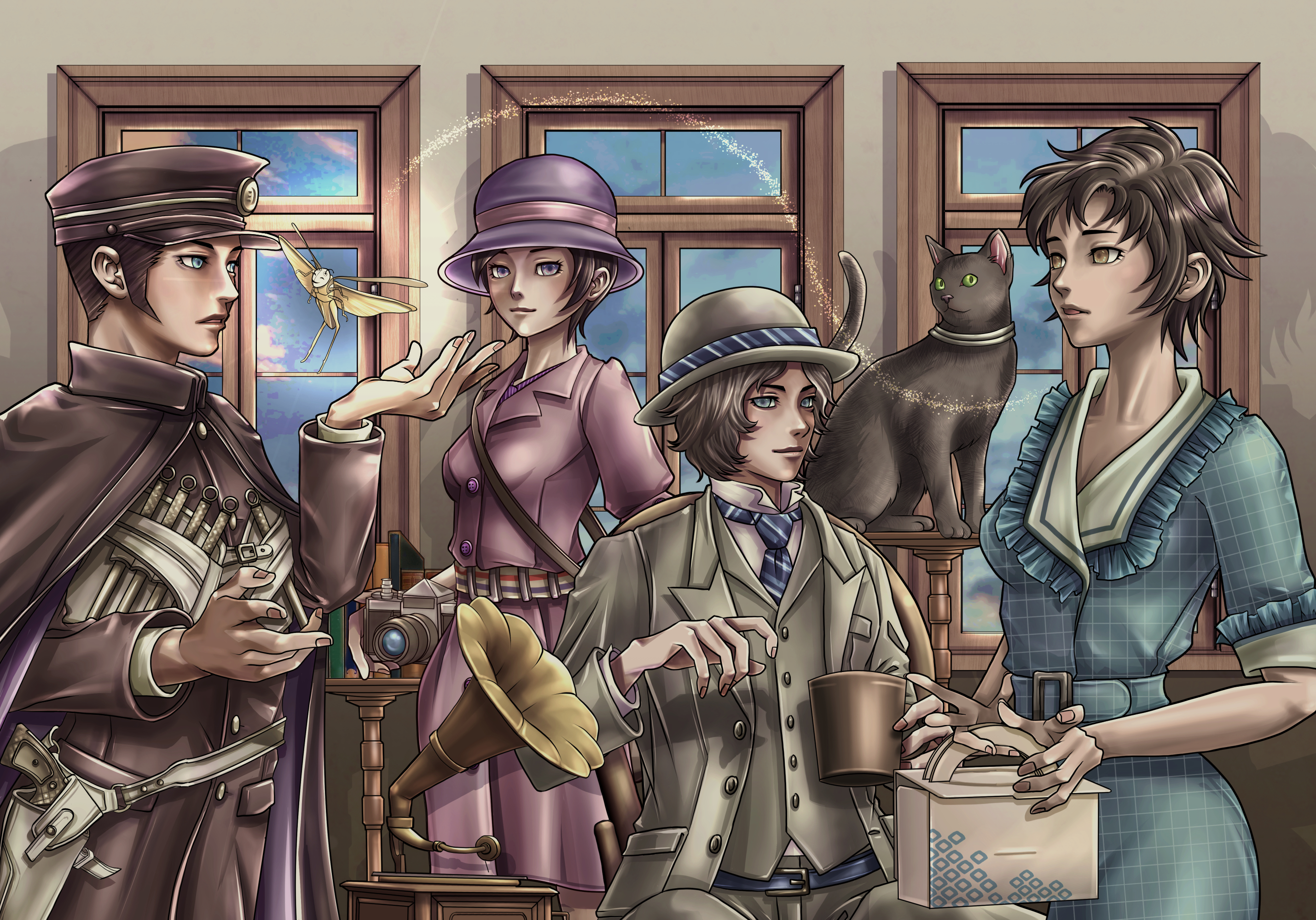 chinaisobad, asakura tae, gouto, kuzunoha raidou, narita akane, narumi shouhei, devil summoner (series), devil summoner 2: raidou kuzunoha vs king abaddon, commentary request, highres, 2boys, 2girls, belt, black cat, black cloak, black hair, blue belt, blue eyes, breasts, brown hair, camera, cat, cleavage, cloak, collar, dress, gakuran, green eyes, gun, hat, holding, holding camera, holster, knife, locust, luck locust (megami tensei), multiple boys, multiple girls, necktie, peaked cap, phonograph, purple dress, purple eyes, school uniform, throwing knife, vest, weapon, window