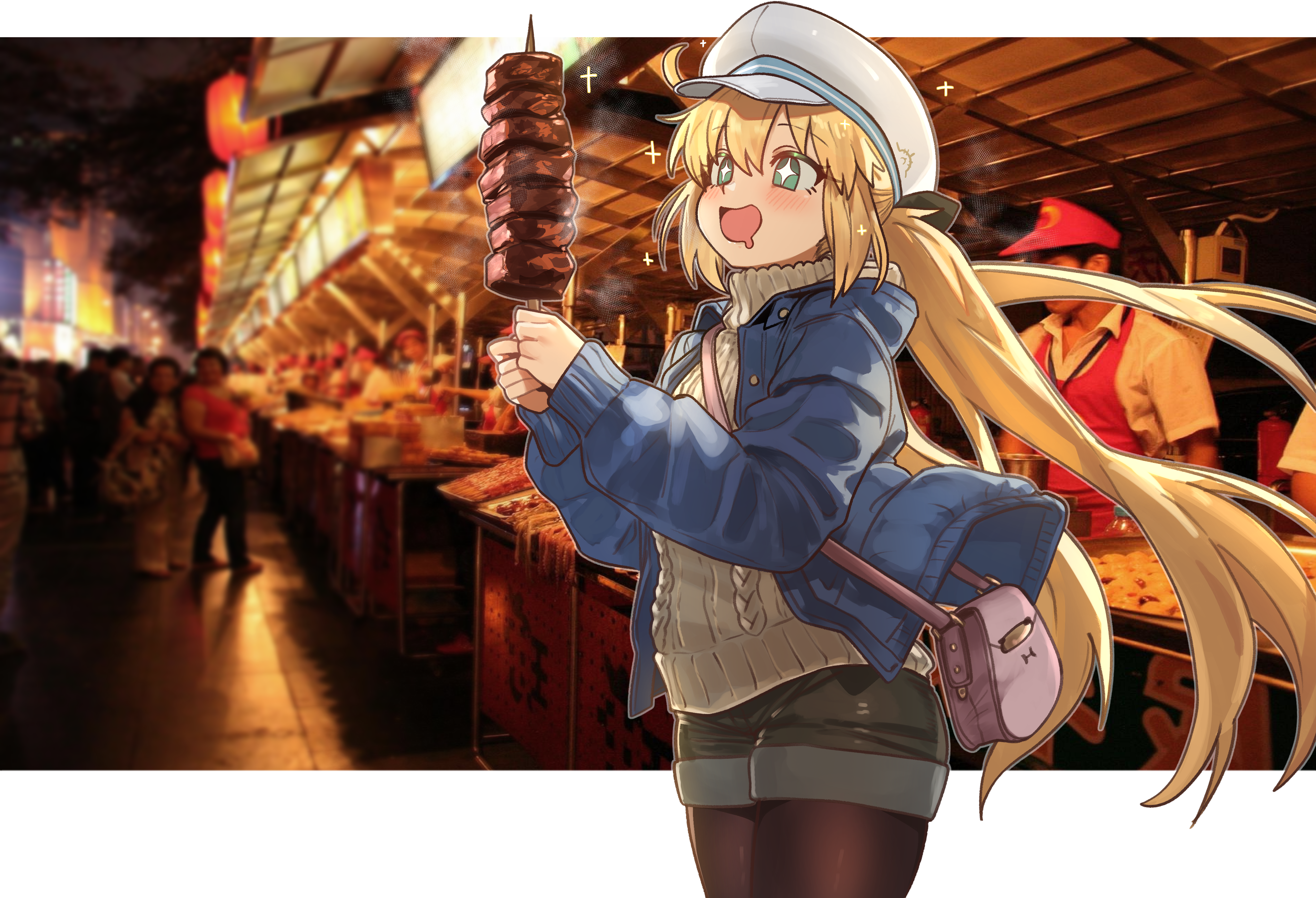 ebora, artoria caster (fate), artoria pendragon (fate), fate/grand order, fate (series), absurdres, highres, 1girl, ahoge, bag, black shorts, blonde hair, blue jacket, blush, breasts, brown pantyhose, brown sweater, food, green eyes, hat, jacket, long hair, long sleeves, meat, open mouth, pantyhose, shorts, shoulder bag, skewer, small breasts, smile, solo focus, sparkling eyes, sweater, thighs, twintails, white hat