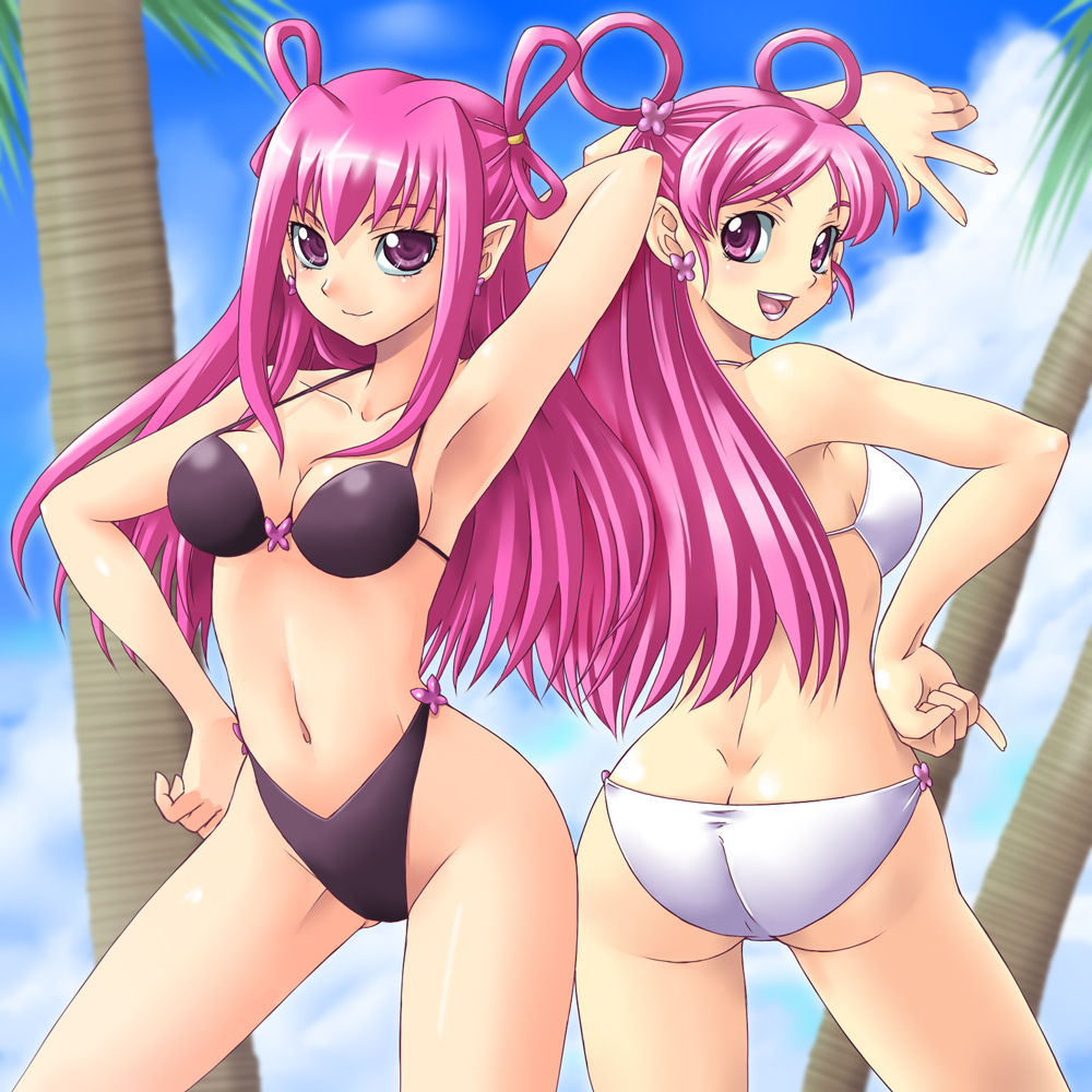 yaso shigeru, cure dream, dark dream, yumehara nozomi, precure, yes! precure 5, 00s, 2girls, armpits, ass, back-to-back, bikini, breasts, butt crack, cleavage, dark cure (yes! precure 5), day, earrings, eyelashes, hand on own hip, highleg, highleg bikini, hip focus, jewelry, long hair, looking back, magical girl, medium breasts, multiple girls, palm tree, pink eyes, pink hair, pinky out, pointy ears, purple eyes, swimsuit, tree, v, white bikini