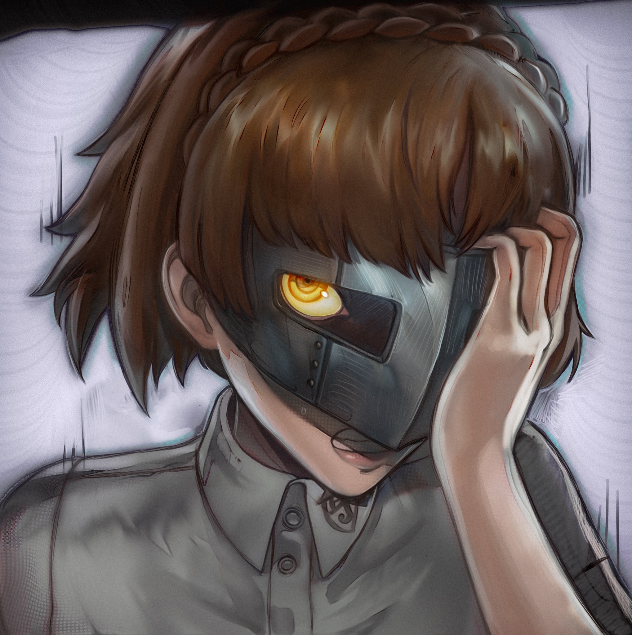 chapinor, niijima makoto, persona, persona 5, hashtag-only commentary, highres, 1girl, blunt bangs, braid, brown hair, clenched teeth, collared shirt, crown braid, eye mask, hand on own face, looking at viewer, motion lines, pink lips, school uniform, shirt, short hair, shuujin academy school uniform, solo, teeth, upper body, white shirt, yellow eyes