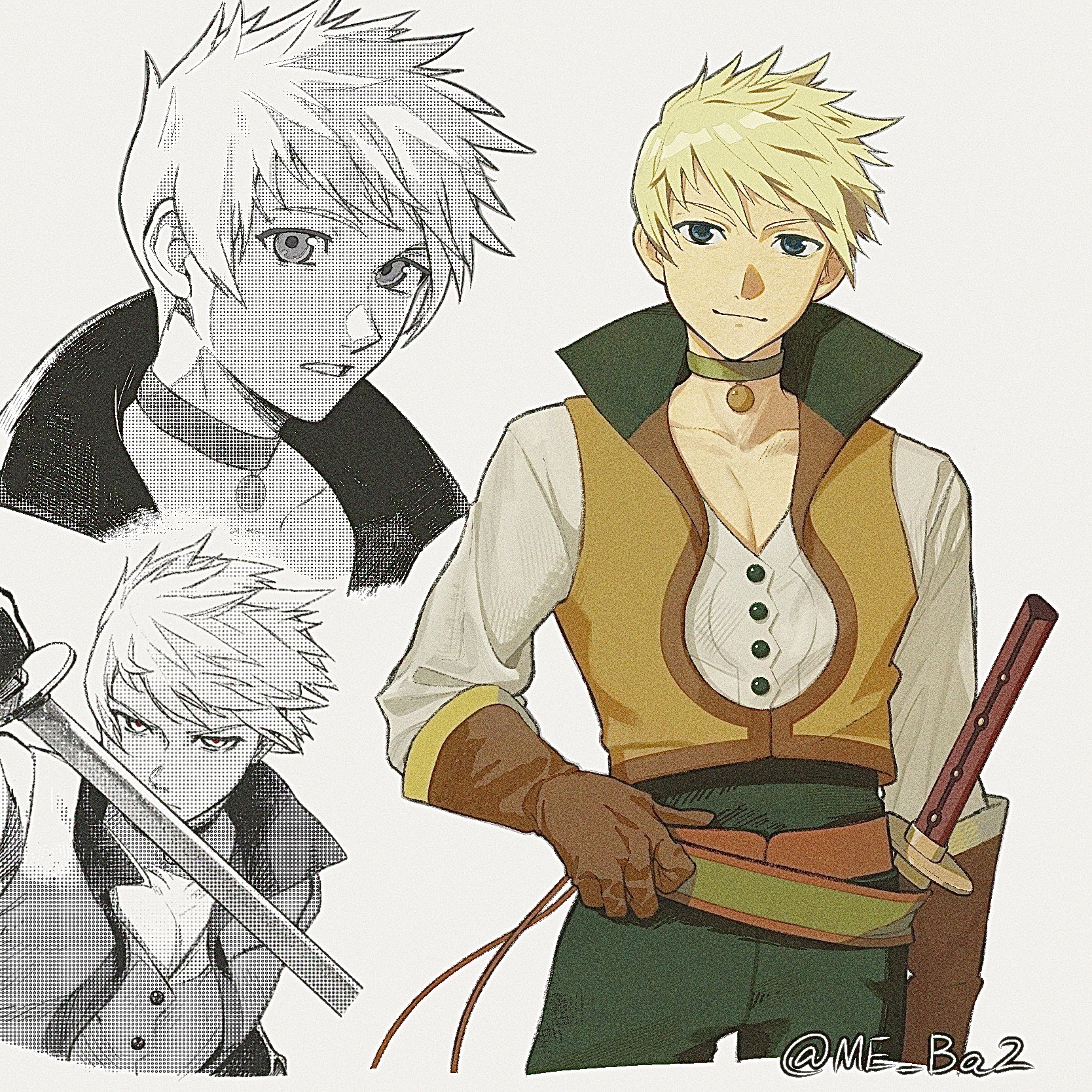 meba, guy cecil, tales of (series), tales of the abyss, commentary request, highres, 1boy, blonde hair, brown gloves, brown vest, choker, closed mouth, cowboy shot, gloves, green choker, green eyes, green pants, holding, holding sword, holding weapon, long sleeves, looking at viewer, male focus, multiple views, pants, popped collar, sheath, sheathed, shirt, short hair, simple background, sword, twitter username, upper body, vest, weapon, white shirt