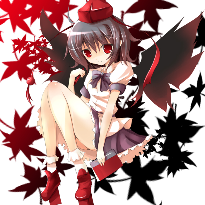 hoshikuzu, shameimaru aya, touhou, bad id, 1girl, black hair, female focus, geta, hat, leaf, looking at viewer, notebook, pencil, ribbon, short hair, solo, tengu-geta, wings, wooden pencil