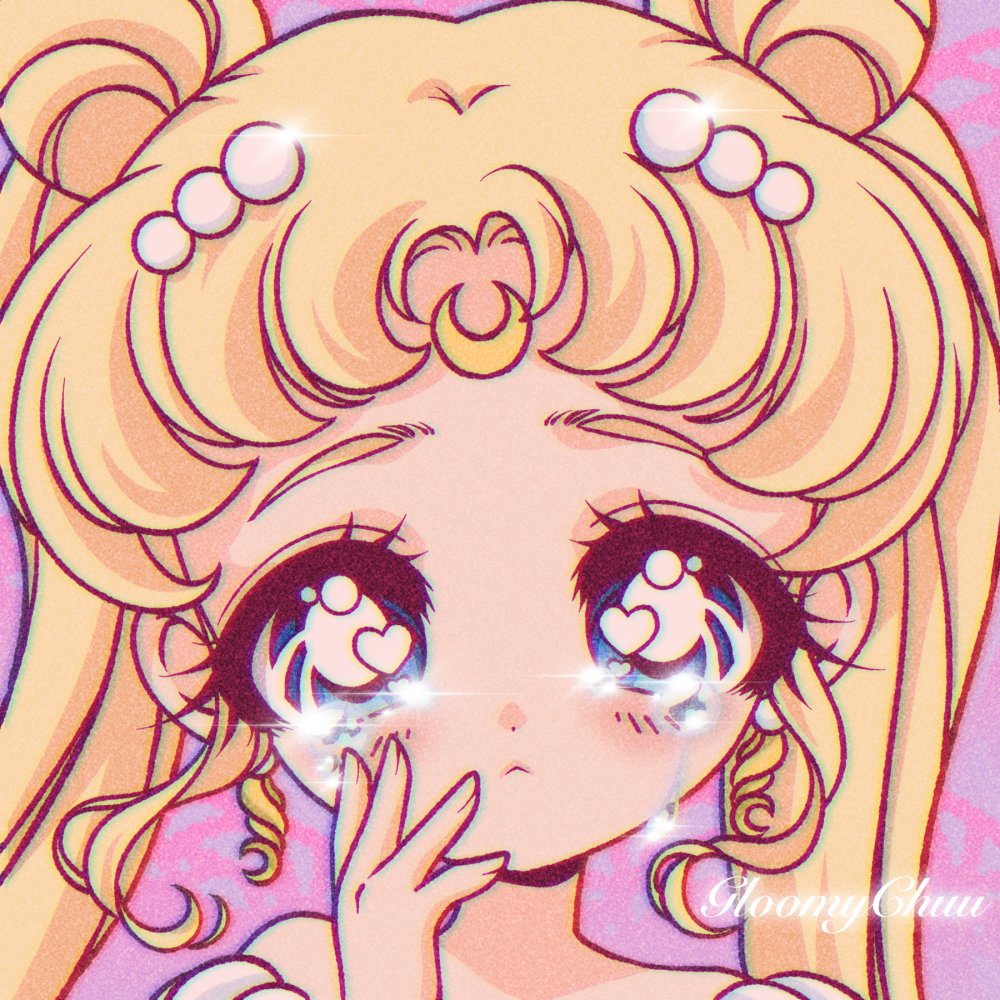 mroczniak (gloomy chuu), princess serenity, tsukino usagi, bishoujo senshi sailor moon, 1girl, bare shoulders, blonde hair, blue eyes, crescent, crescent facial mark, crying, double bun, dress, facial mark, forehead mark, hair bun, hair ornament, heart, long hair, parted bangs, raised eyebrows, solo, twintails, very long hair, white dress