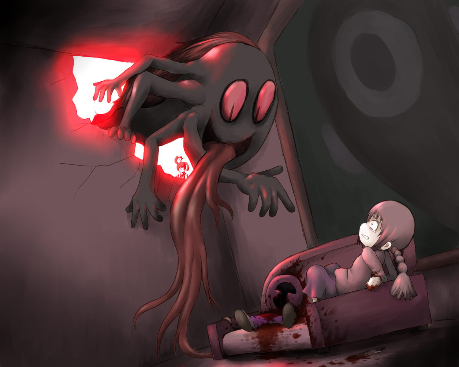 rabbit r, madotsuki, monoko, yume nikki, highres, blood, crack, cracked wall, death, knife, tears, you gonna get raped