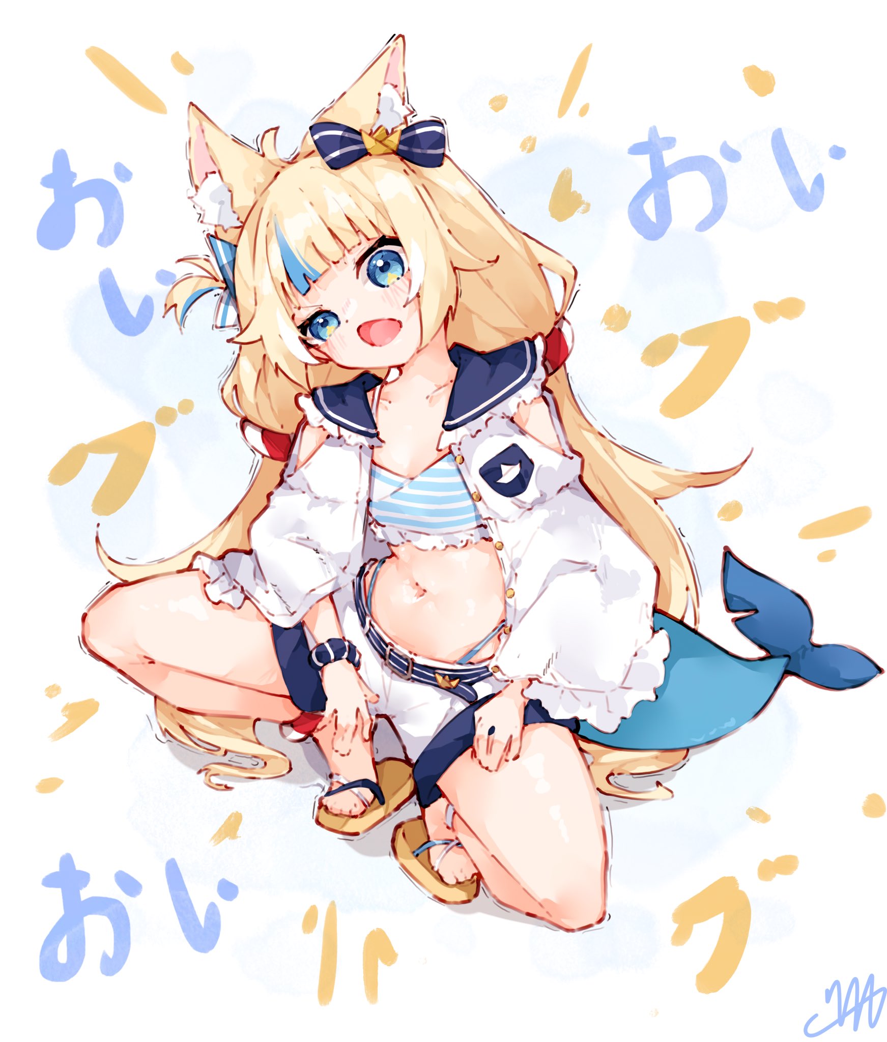 ma draws, sameko saba, indie virtual youtuber, highres, 1girl, animal ear fluff, animal ears, blonde hair, blue eyes, blue hair, flat chest, long hair, multicolored hair, navel, sandals, shorts, solo, squatting, streaked hair, striped clothes, tail