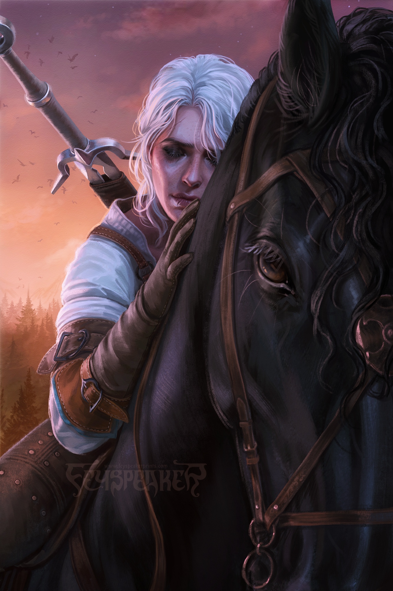feyspeaker, ciri, the witcher (series), the witcher 3, highres, 1girl, artist name, brown gloves, closed eyes, gloves, horse, outdoors, shirt, solo, sunset, sword, sword on back, watermark, weapon, weapon on back, white shirt