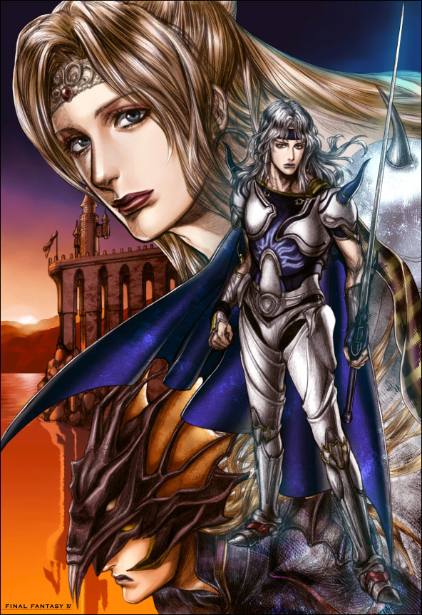 merukizedeku, cain highwind, cecil harvey, dragoon (final fantasy), paladin (final fantasy), rosa farrell, final fantasy, final fantasy iv, 1990s (style), 1girl, 2boys, armor, blonde hair, cape, castle, circlet, dragoon, headband, helmet, multiple boys, paladin, sunset, sword, weapon, white hair