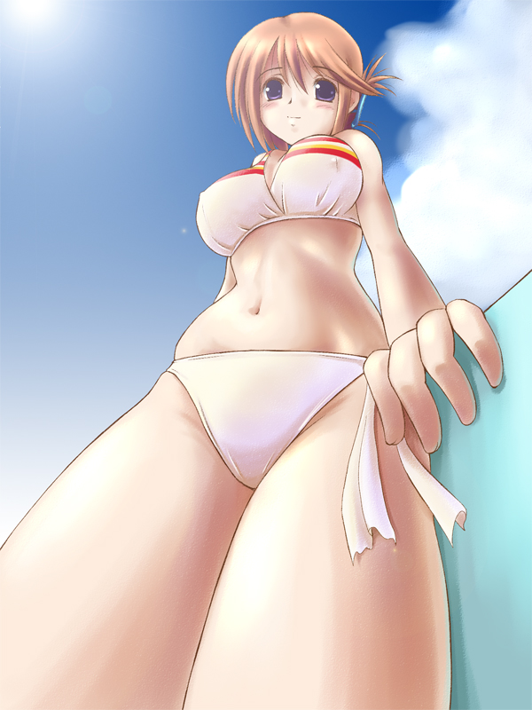 x-4kazu, komaki manaka, to heart (series), to heart 2, 00s, 1girl, bikini, blush, breasts, brown eyes, brown hair, covered erect nipples, day, female focus, folded ponytail, from below, hair ornament, hairclip, large breasts, outdoors, purple eyes, short hair, sky, solo, swimsuit, white bikini