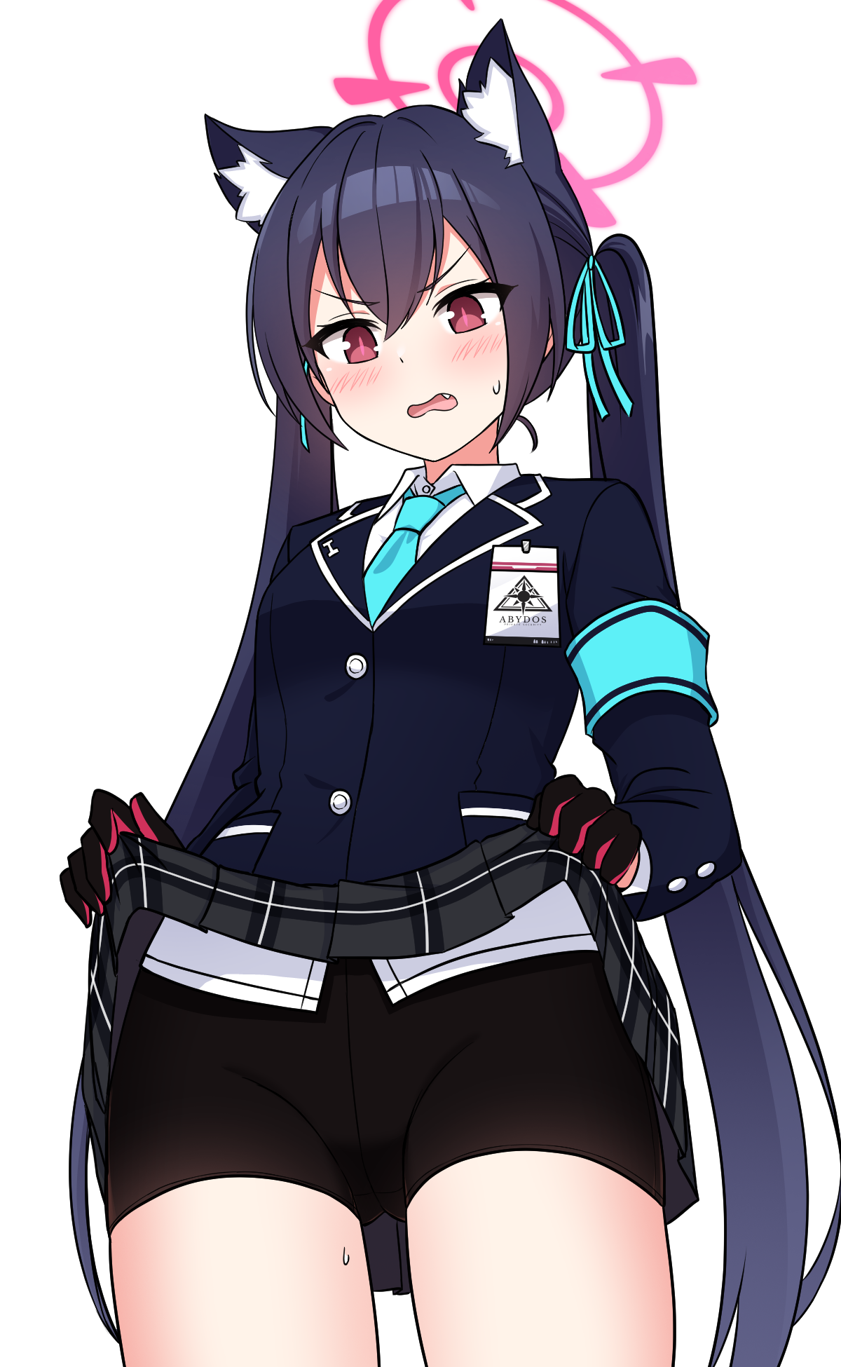 nanju bami, serika (blue archive), blue archive, highres, 1girl, armband, bike shorts, black gloves, black shorts, blue armband, blue jacket, blue necktie, checkered clothes, checkered skirt, clothes lift, gloves, grey skirt, hair between eyes, halo, jacket, lifting own clothes, necktie, pink halo, purple hair, red eyes, red gloves, school uniform, shirt, shorts, skirt, skirt lift, thighs, twintails, two-tone gloves, white shirt