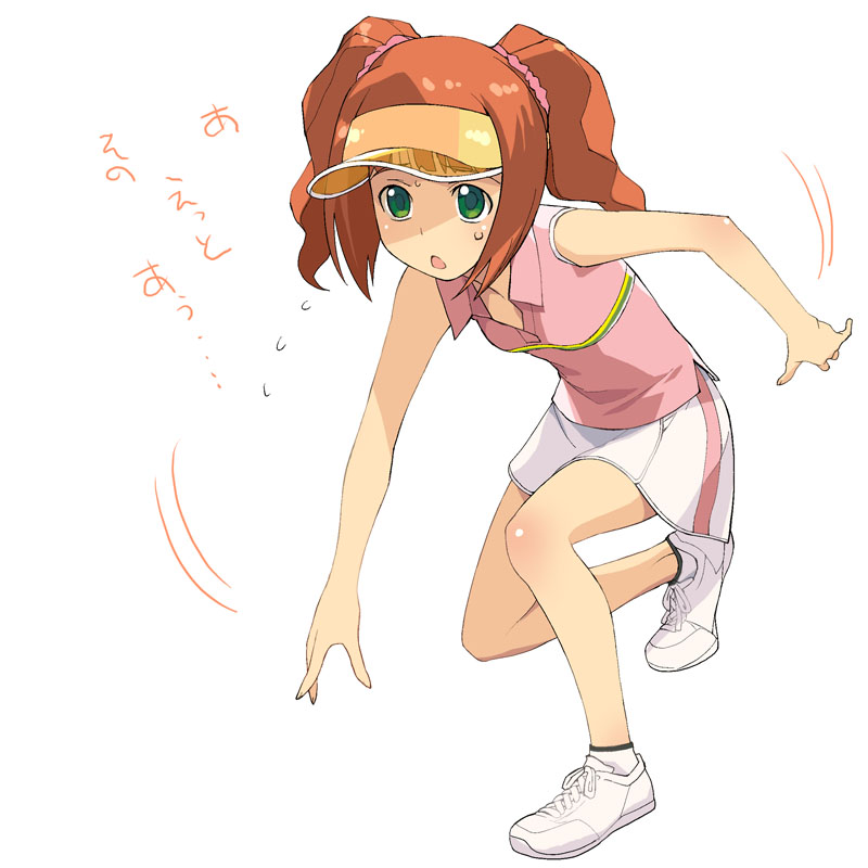 a1 (initial-g), takatsuki yayoi, idolmaster, idolmaster (classic), visor, 00s, 1girl, brown hair, female focus, green eyes, miniskirt, short hair, skirt, solo, sportswear, tennis uniform, twintails, visor cap